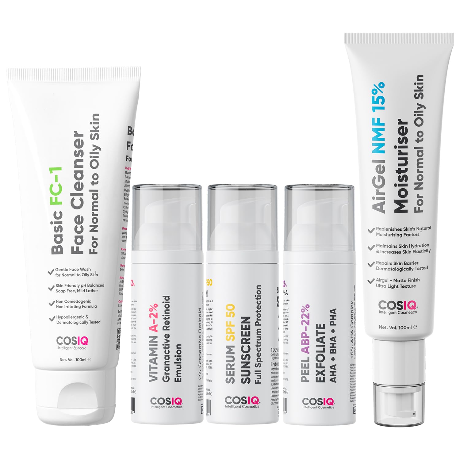 Cos-IQ Complete Oily Skin Kit for Ages 30+, SPF 50 Sunscreen 30ml, ABP 22% Exfoliating Peel 30ml, A-2% Granactive Retinoid Emulsion 30ml, AirGel NMF 15% Moisturizer 100ml and FC-1 Face Wash, 100ml