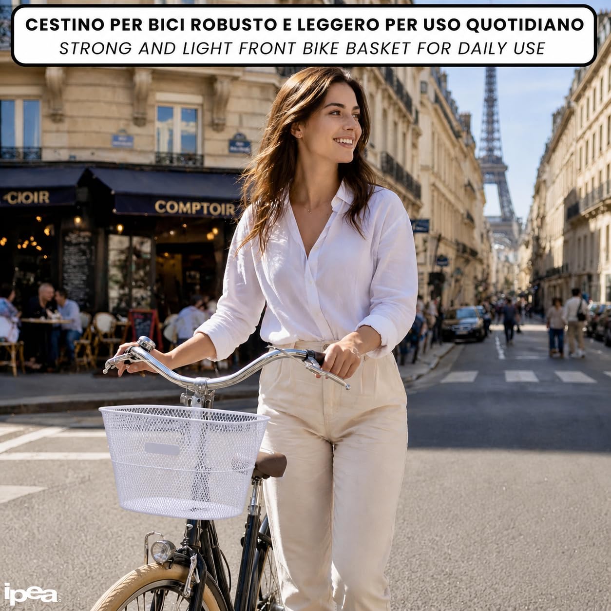 IPEA Panier Vélo Avant Blanc en Maille Métallique - 31 x 24 cm - Design Minimal - Panier Porte-Bagages pour Vélo Classique et Vélo de Montagne - Léger, Robuste, Antirouille - Porte-Objets