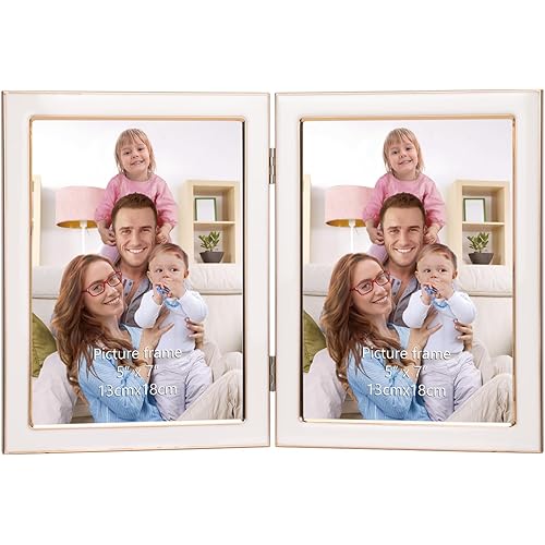 Giftgarden 5x7 Double Picture Frame White with Tempered Glass Display 5 by 7 Photo, Metal Hinged Folding Frame for Tabletop or Wall
