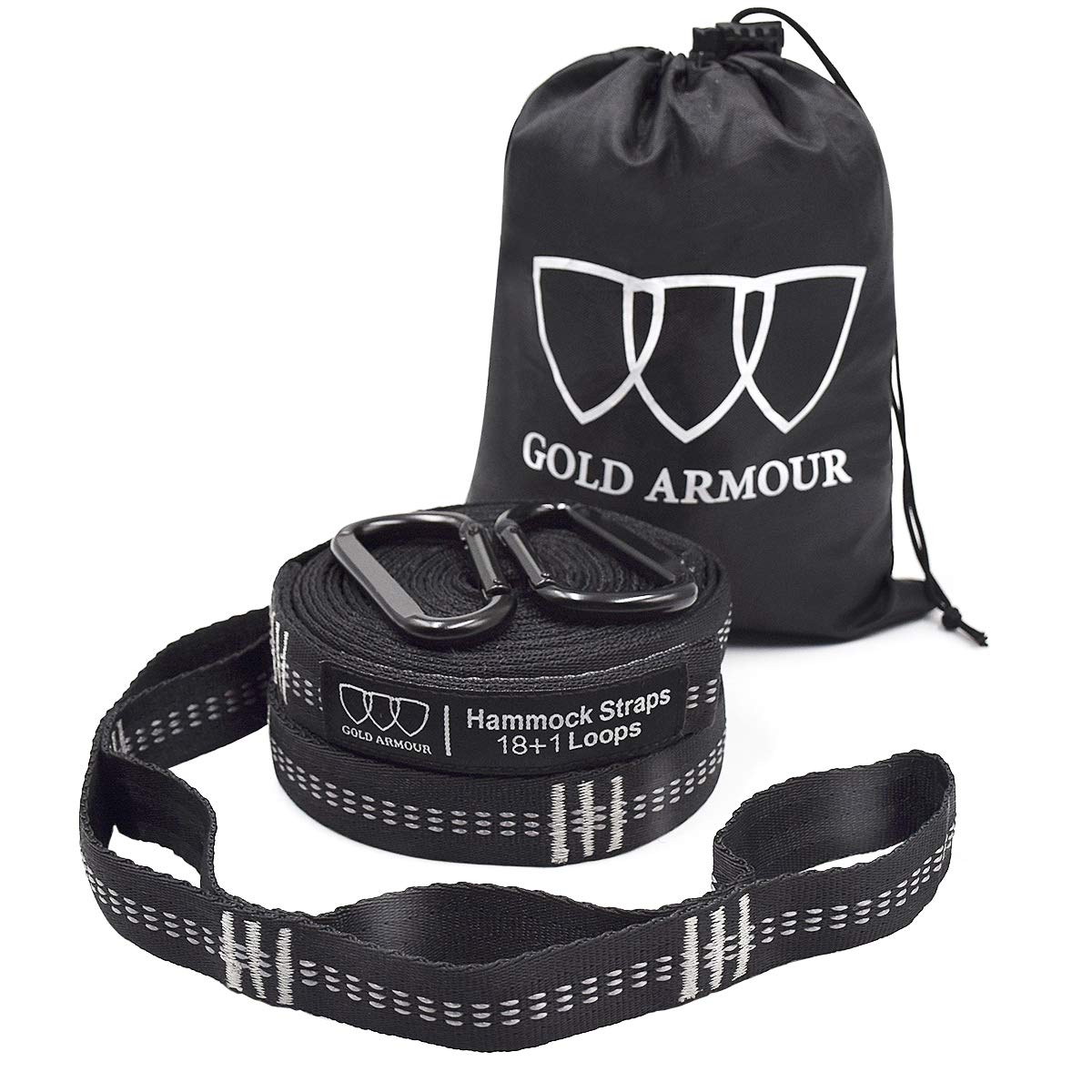 Gold Armour Hammock Straps XL, Camping Hammock Tree Straps Set (2 Straps, 2 Carabiners, Carrying Bag), 20 ft Long Combined, 38 Loops, Must Have Accessories & Gear (Black with Grey Stitching)