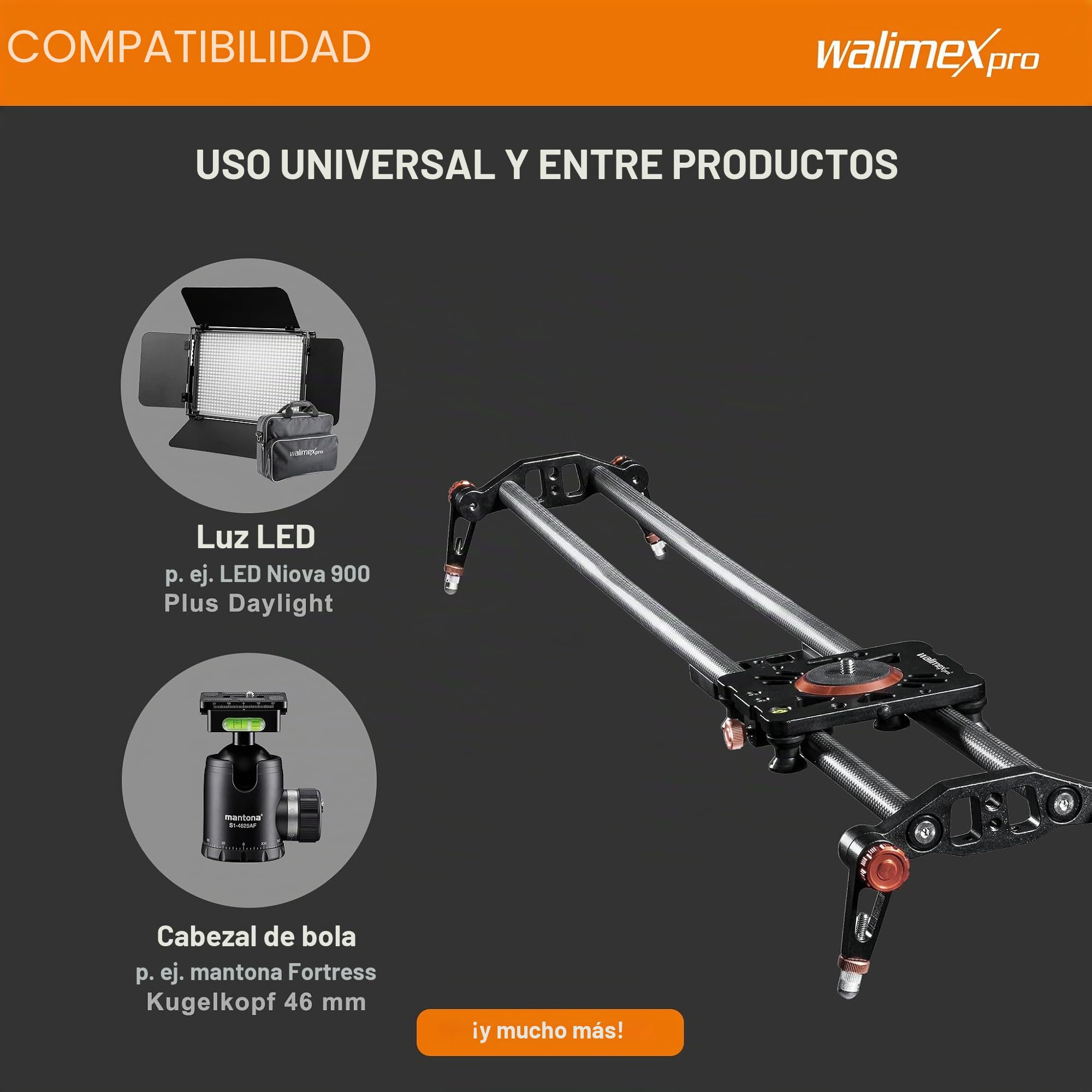 Walimex Pro Carbon Video Slider Pro ­ Raíl para desplazamientos de cámara sin sacudidas, Incluye Bolsa de Transporte y Nivel de Burbujas, Color Negro