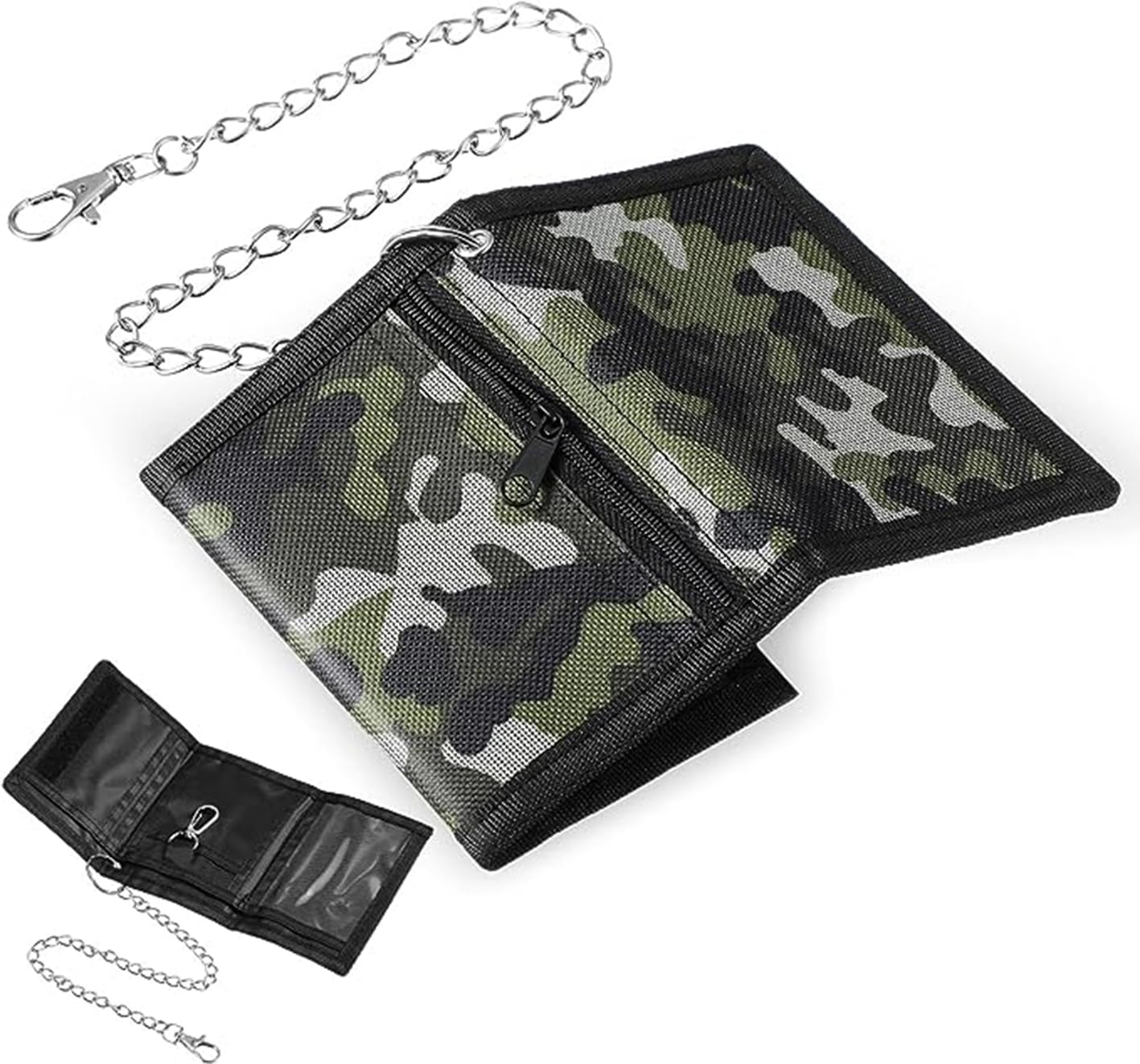 AYNKHRFID Slim Wallet with Chain Clip Zipper Men's Trifold Camouflage Wallets for Travel Sports Coin Purse for Kids Boy Girl
