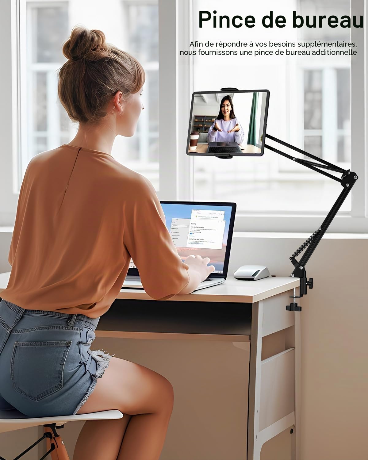 Support Tablette de Sol avec Base 5KG et Pince de Bureau, Support de Bras Pliable à Angle Réglable en Hauteur, Compatible avec iPhone, iPad Pro Air Mini, Galaxy Tab, Kindle(4,5''-13'')