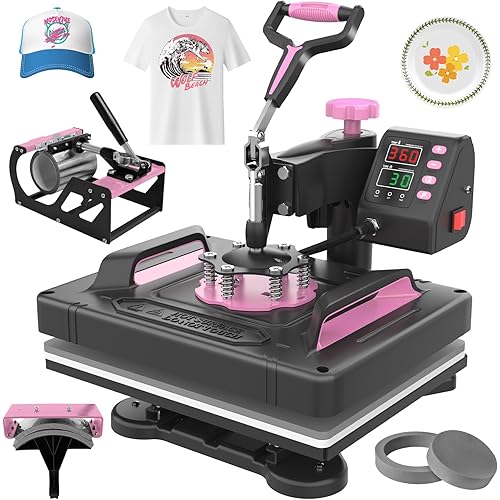 Seeutek Heat Press 5 in 1 Heat Press Machine 12x15 inch T Shirt Pressing Machine with 360 Degree Swing Away, Multifunction Heat Transfer Sublimation Combo for T Shirts Mugs Hat Plate Cap Pink