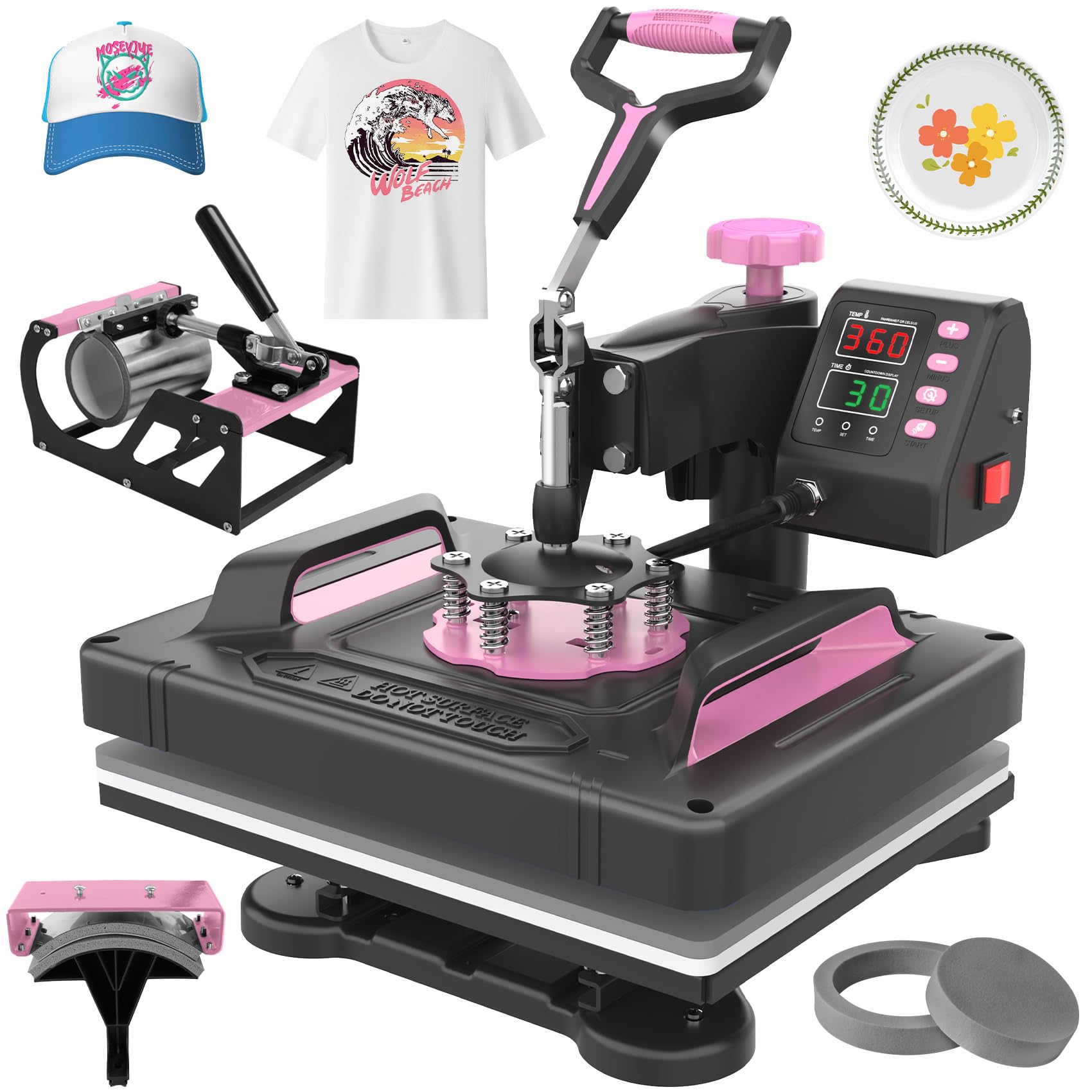Prensa térmica Seeutek 5 en 1, prensa térmica de camisetas de 30 x 38 cm con giro de 360 ​​grados, multifunción, para sublimación, camisetas, tazas, sombreros, platos y gorras, color rosa