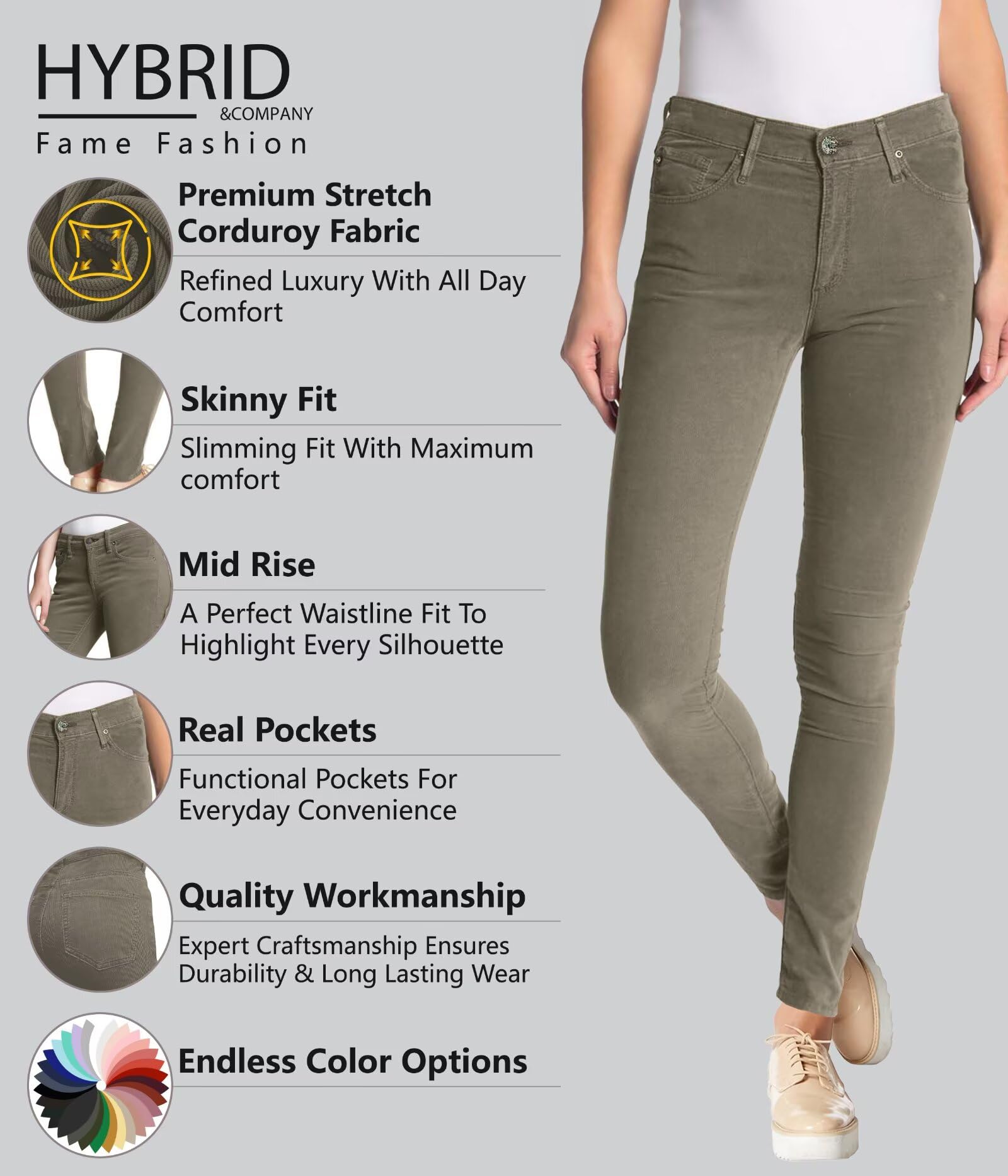 Hybrid & Company Super Comfy Stretch Women 5 Pockets Corduroy Skinny Pants P21950SK OLIVE 13