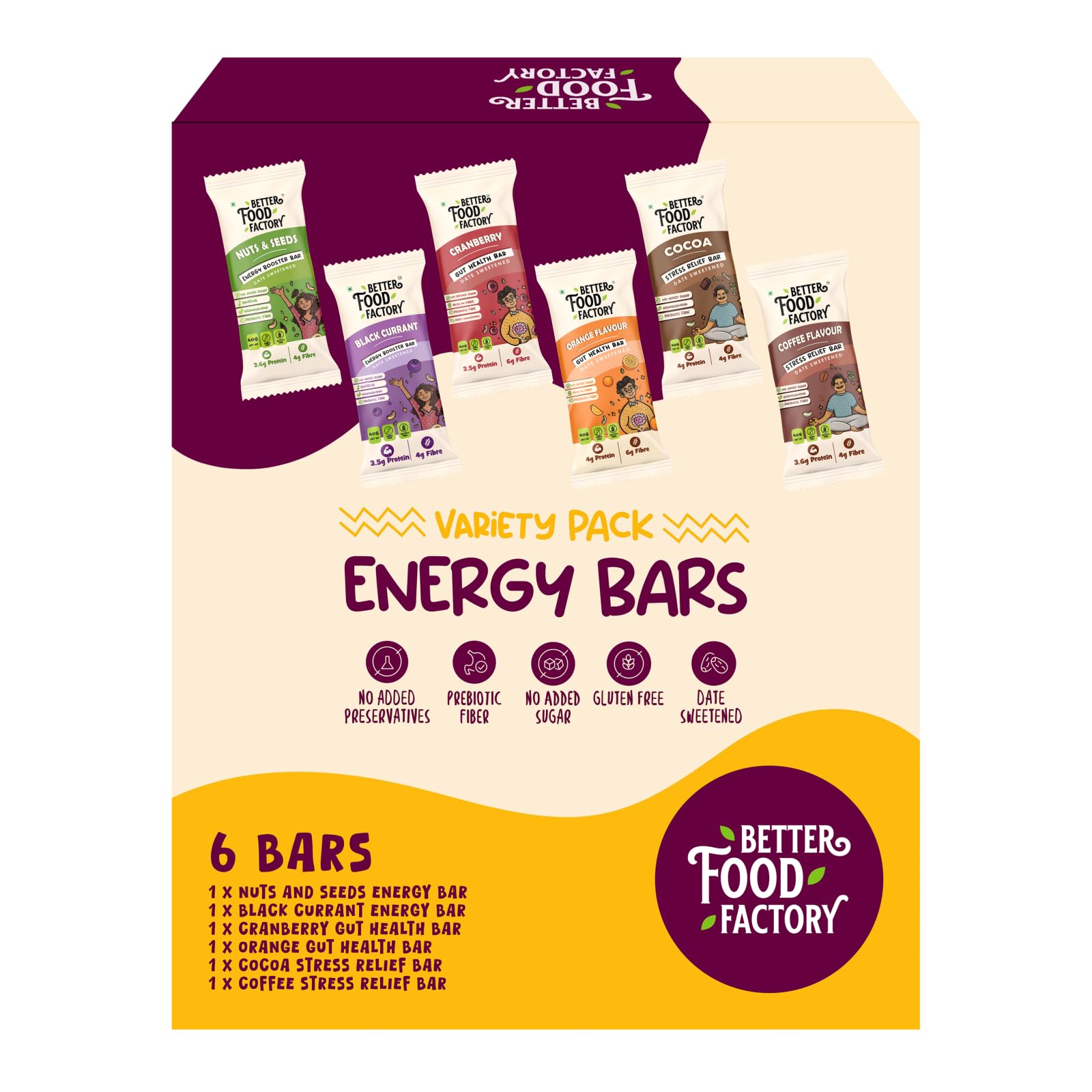 Better Food Factory - (Pack Of 6) - Gut Health, Energy Booster and Stress Relief Energy Bars Combo (Each 2) - Healthy and Tasty Energy Bar (Date Sweetened) - With No Added Sugar, No Trans Fat, No Cholesterol & Preservatives-image-42