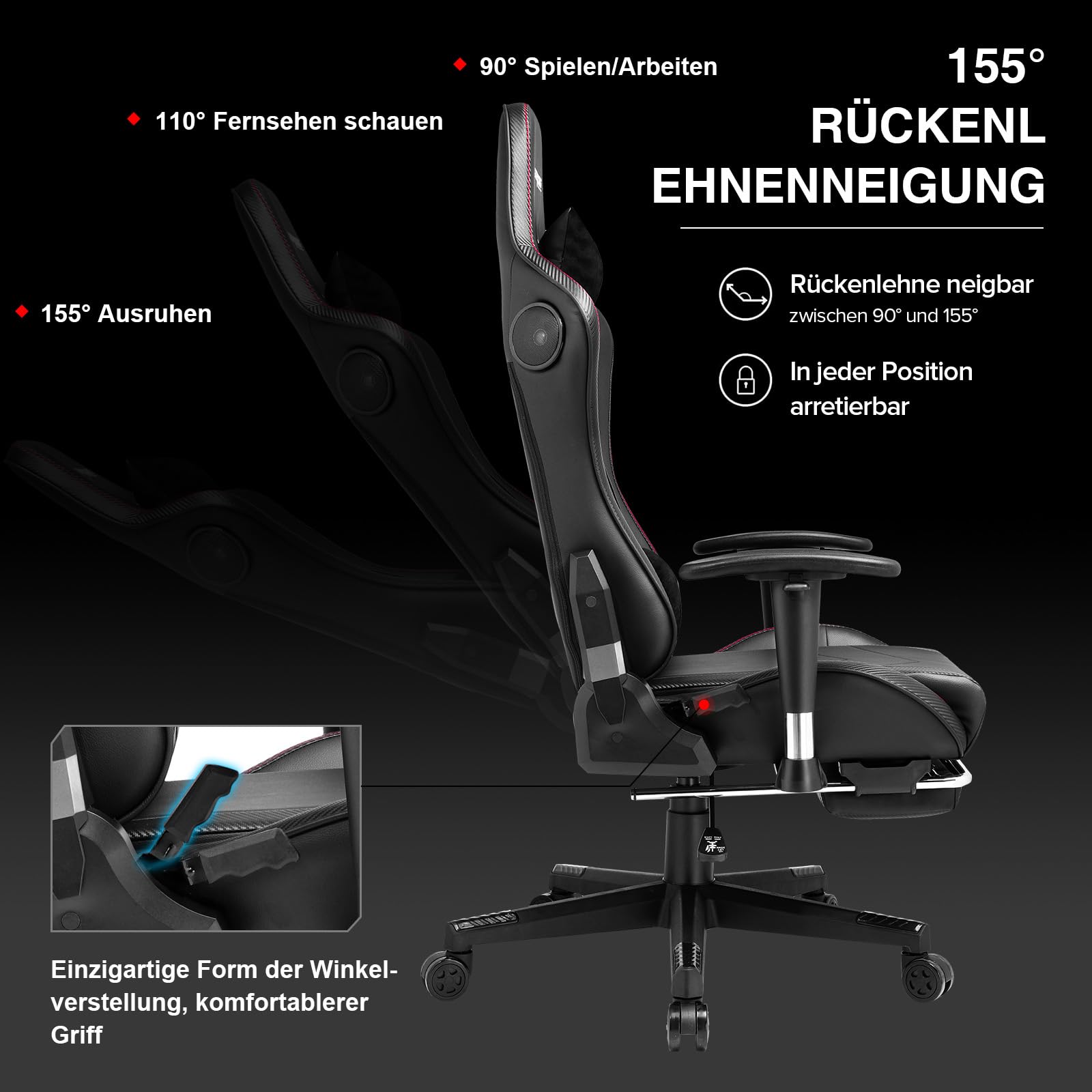GTPLAYER Gaming Stuhl Gamer Stuhl mit Fußstütze Bluetooth Lautsprecher Ergonomischer Bürostuhl Computerstuhl Schreibtischstuhl PC Stuhl mit verstellbare Rückenlehne 200 kg Belastbarkeit schwarz