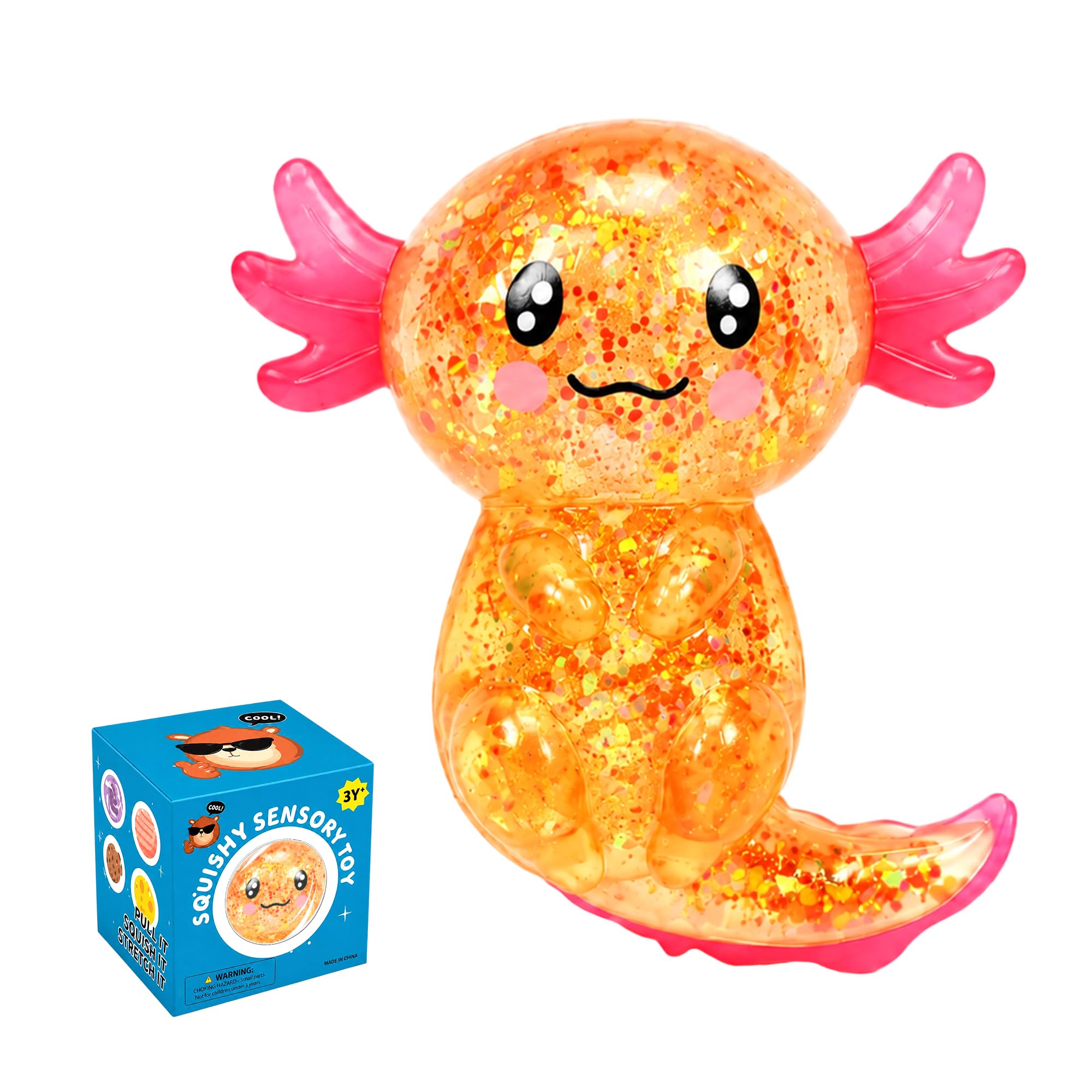 Axolotl Squishy Stress Relief Toy, Glitter Fidget Cute Axolotl Toy(Orange)