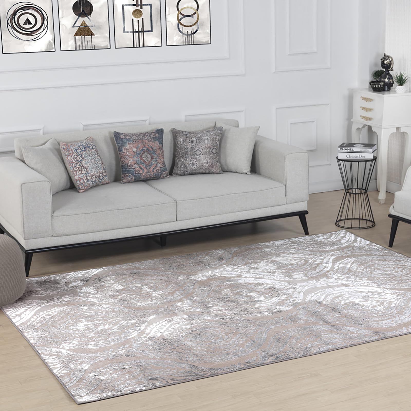 Livabliss Ingrid Meknes Vintage Style Floor Covering 160x213 cm – Scandi Neutral Boho Pattern for Living Room & Bedroom, Easy Care Pile, Light Beige
