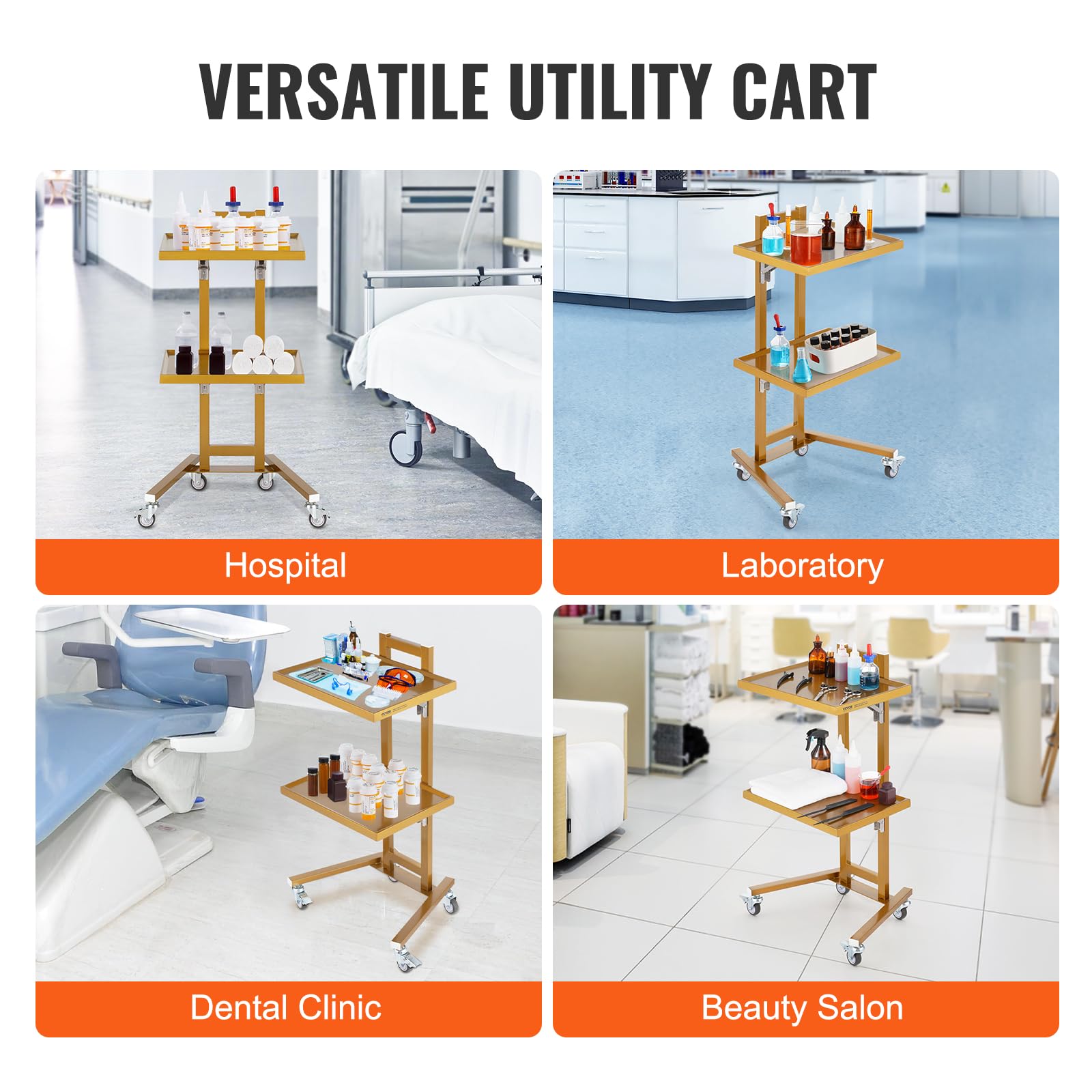 VEVOR Carrello mobile a 2 ripiani in acciaio inox, con 4 ruote silenziose, per laboratorio, clinica, ospedale, salone, oro, giallo, 39,5 x 48 x 84,9 cm