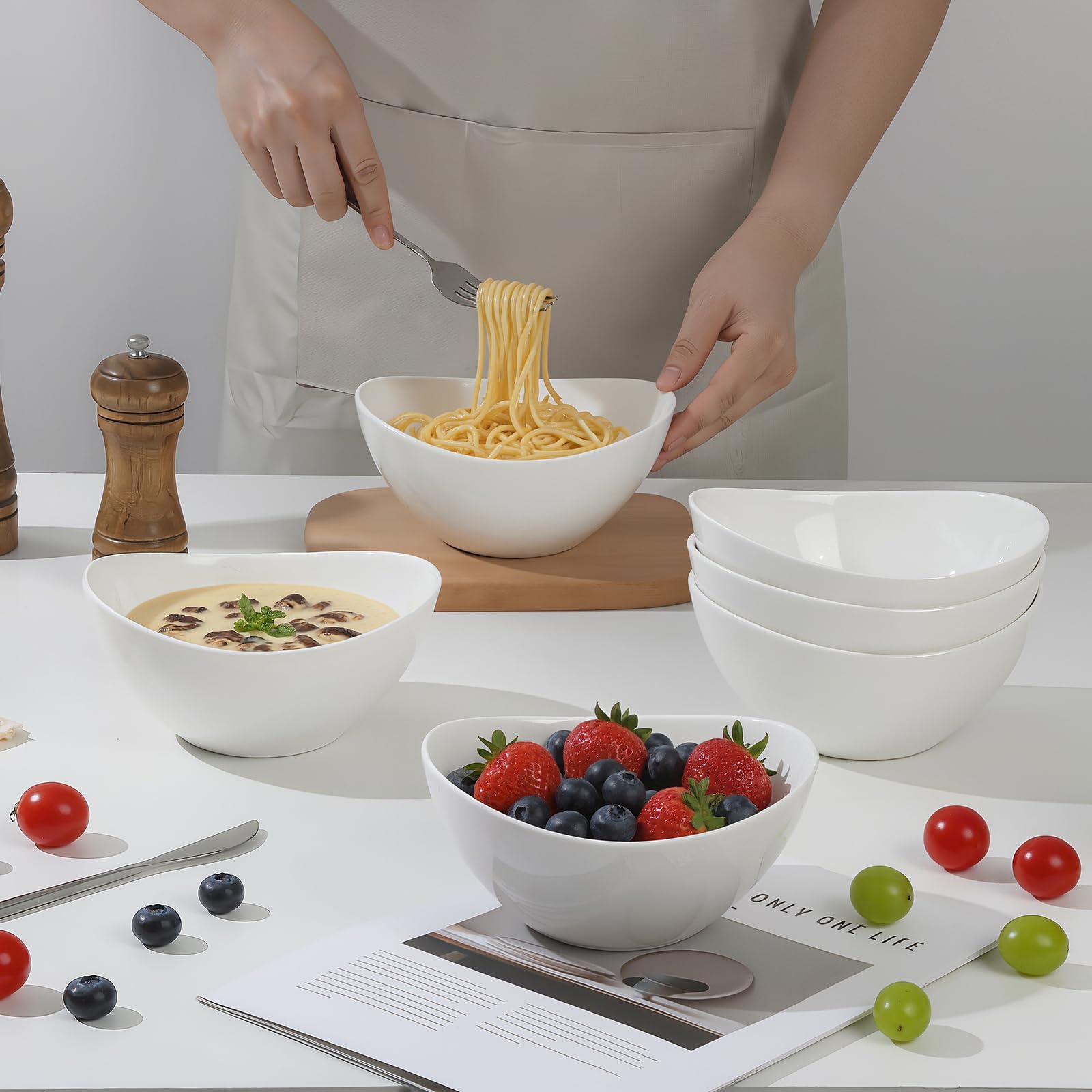 Samsle Ceramiczne miski do serwowania, stabilne porcelanowe białe owalne miski do sałatek, możliwość układania w stos, do serwowania owoców, na imprezę, do kuchenki mikrofalowej i zmywarki, zestaw 6