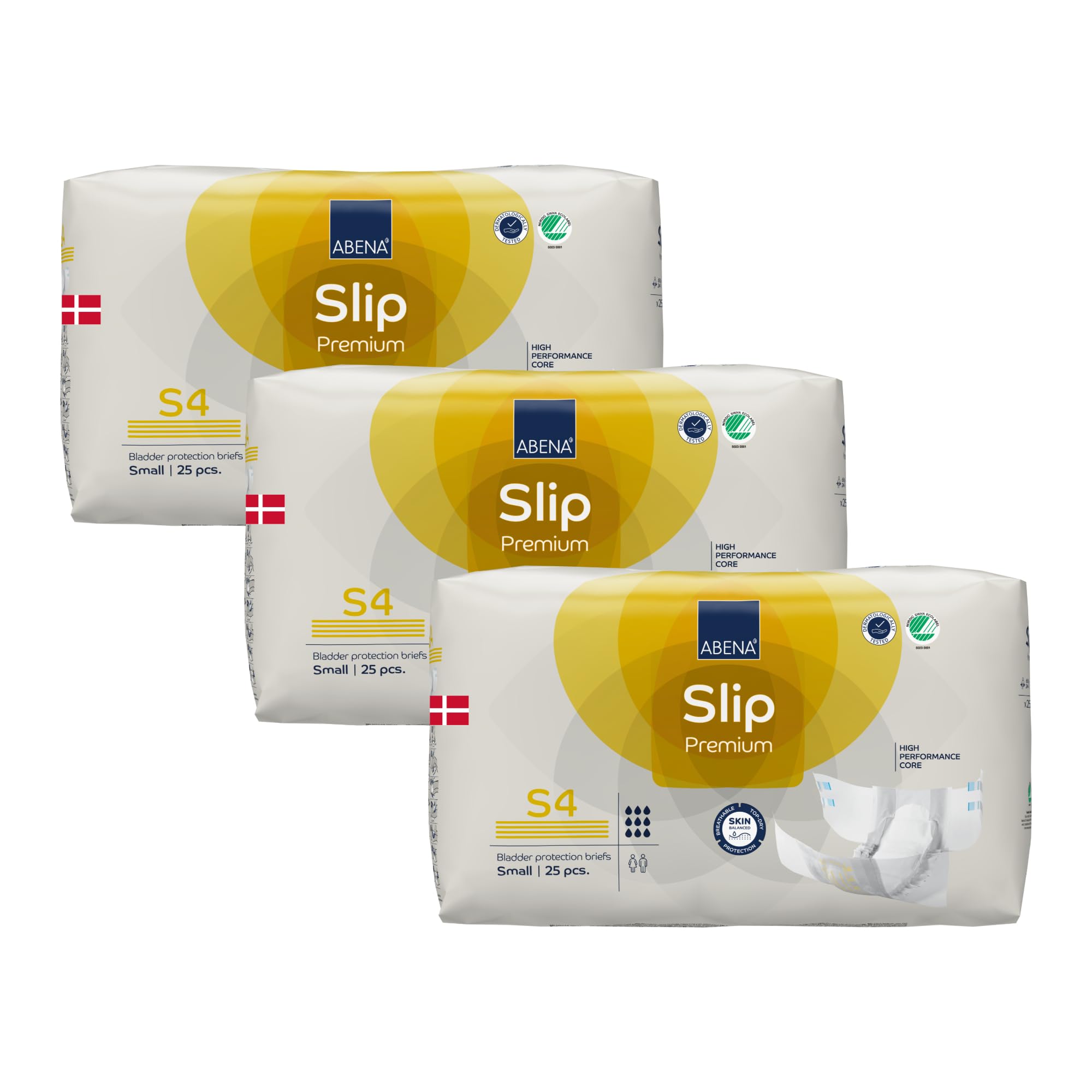 ABENA Slip Premium All-in-One Inkontinenzeinlagen für Damen und Herren, Eco-Labeled Damen-Inkontinenzeinlagen, Größe S 4, 60–85 cm Taille, 2200 ml Saugfähigkeit, 3 x 25 Stück | All-in-One Eco-Labeled Damen-Inkontinenzeinlagen,, 60–85 cm Taille, 2200 ml Sa