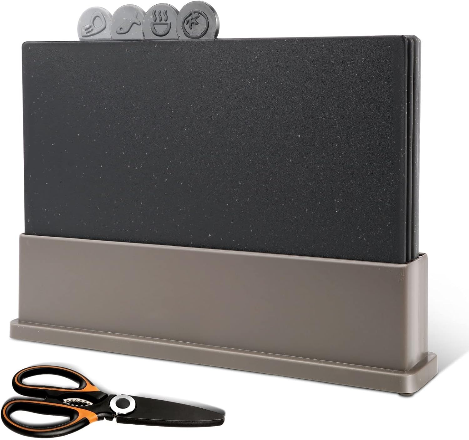 Masthome Chopping Board Set, 4pcs Index Cutting Board with Food Icons & Stand, BPA Free, Flexible Plastic Chopping Boards with Stand for Kitchens, Dishwasher Safe, 31.5 x 21.5cm