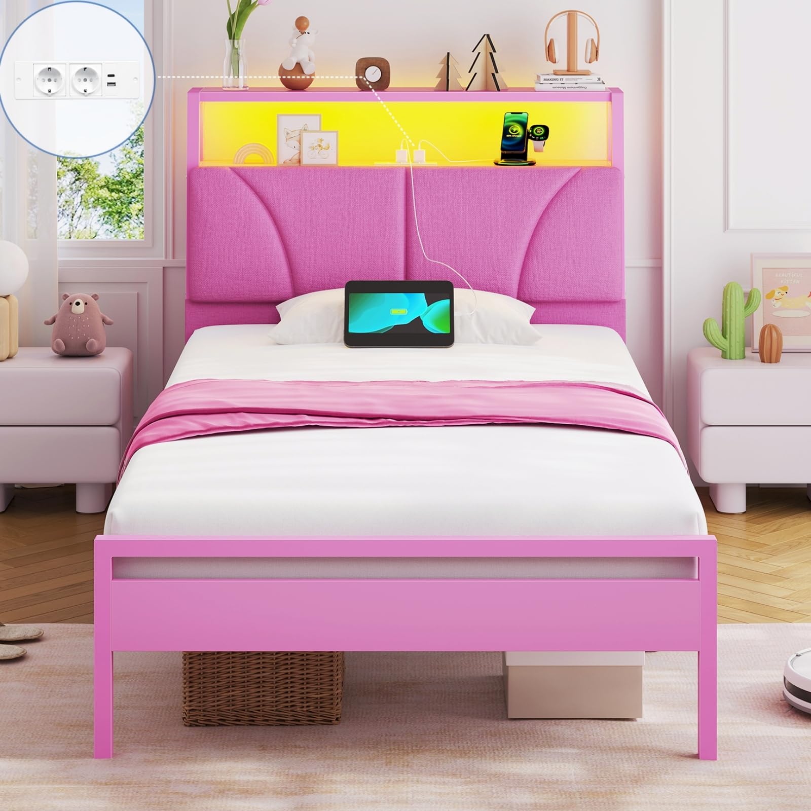 Brinlawb Lit Fille 90x190 cm avec Éclairage LED et Multiprise (2 Prises AC et 2 Ports USB) Cadre de Lit 90x190 avec Sommier Métal, Lit Enfant 90x190 cm, Facile à Assembler, Rose (Matelas Non Inclus)