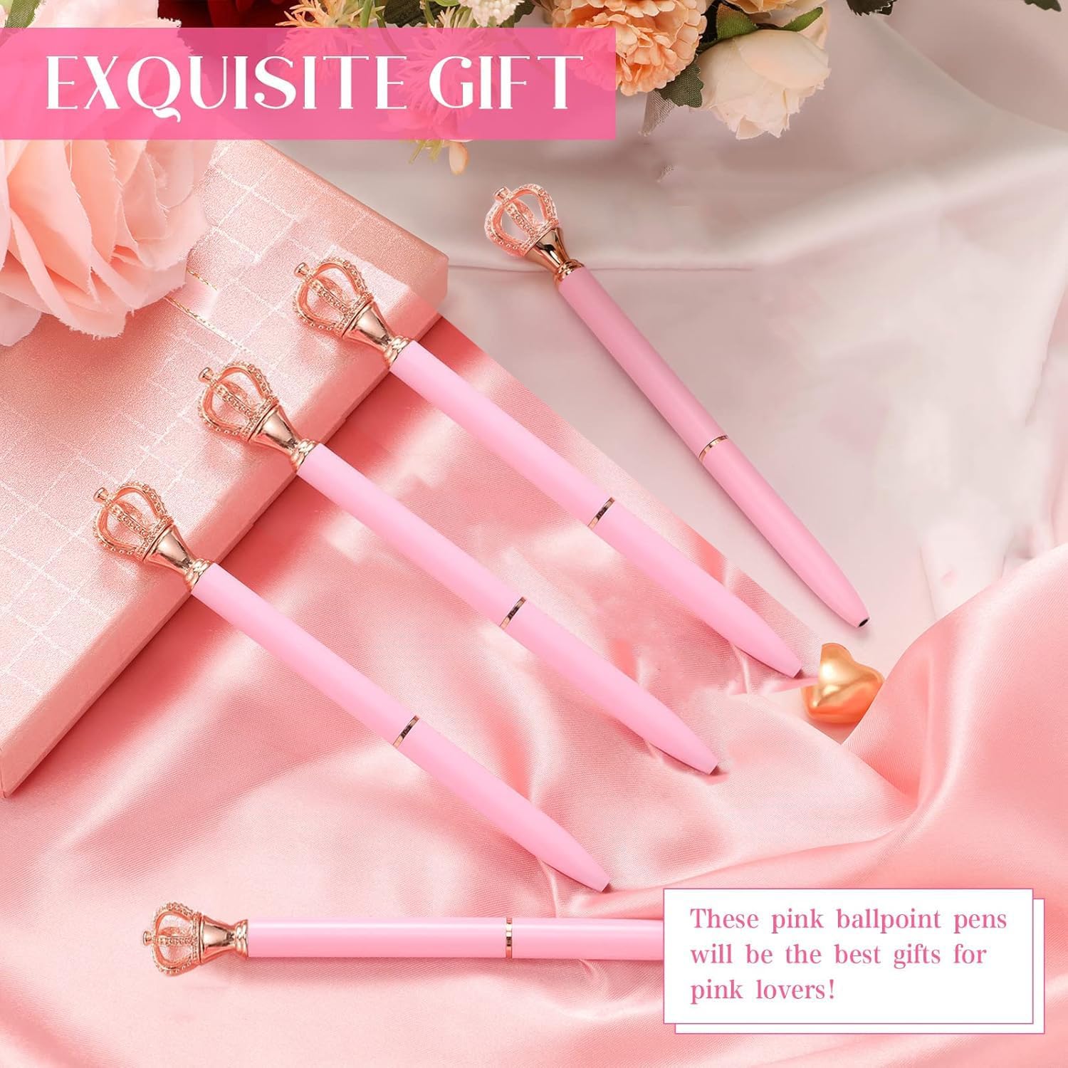 Lot de 24 stylos à bille en métal scintillant pour anniversaire de mariage, cadeau d'anniversaire, fête prénuptiale, fournitures scolaires et de bureau (couronne rose, 24)