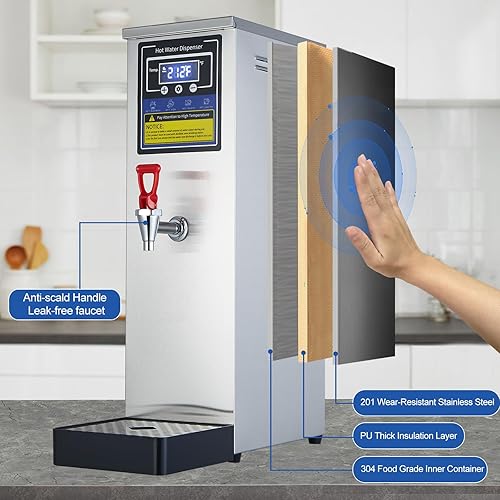 Miniatura 5 de Dispensador de agua caliente, caldera de agua comercial, calentador eléctrico, máquina de agua caliente, acero inoxidable, 30 L (8 galón), control