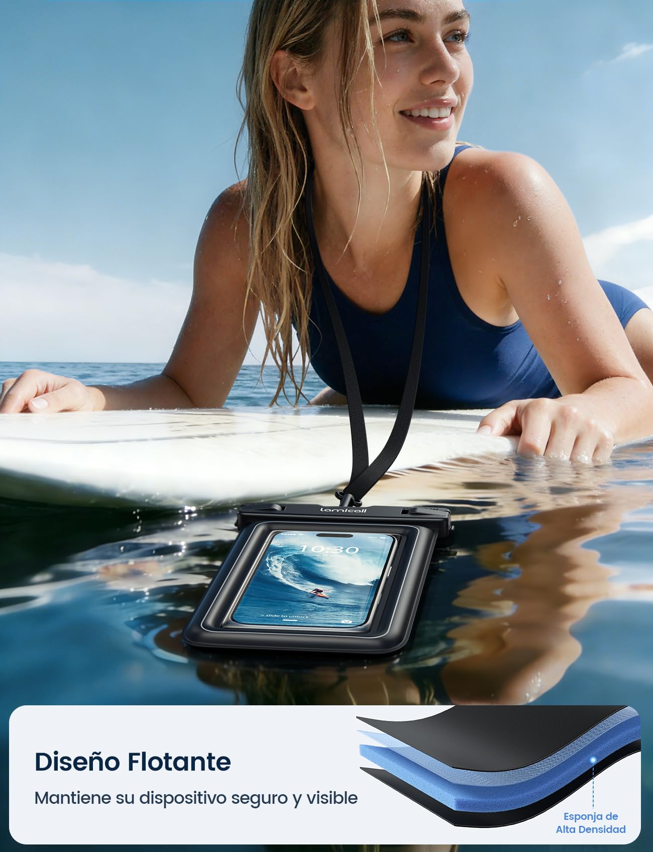 Lamicall Funda Impermeable Móvil Flotante - [Alta flotabilidad] IP68 Bolsa Estanca Móvil con Cordón Ajustable, Funda Subacuática Teléfono para iPhone 17 16 15 14, Samsung, hasta 7,5" - [2 Unidades]