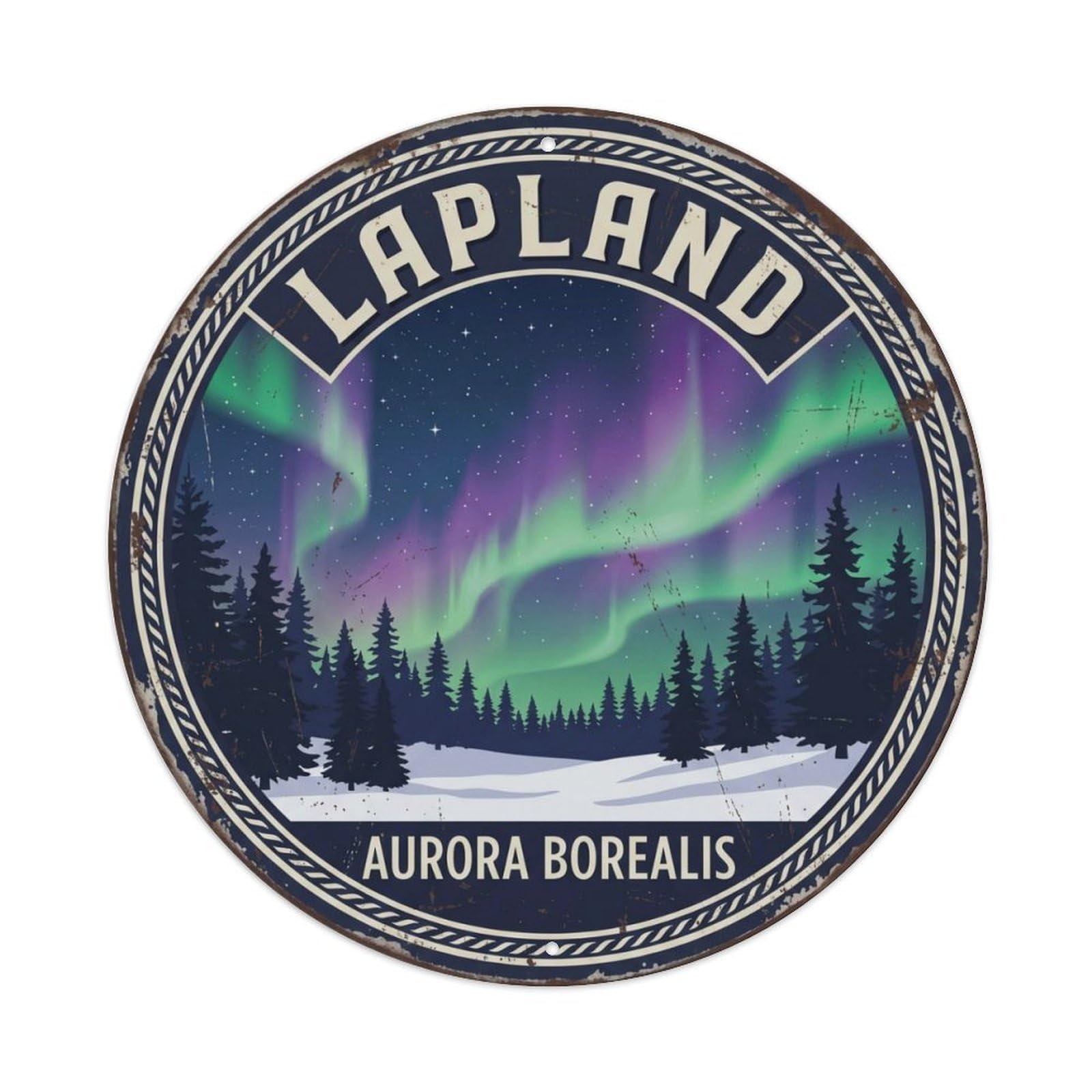 Vintage Travel Lapland Finland Aurora Metal Tin Sign Plaque Wall Decor for Cafe, Club, Garden Round Metal Poster 8x8Inch