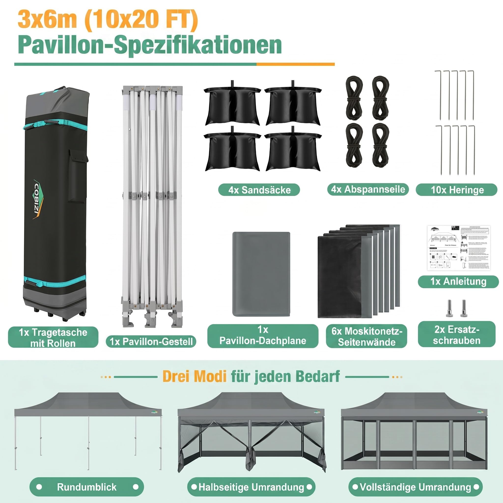 COBIZI Faltpavillon 3x6 m mit Moskitonetz, wasserdicht, stabil