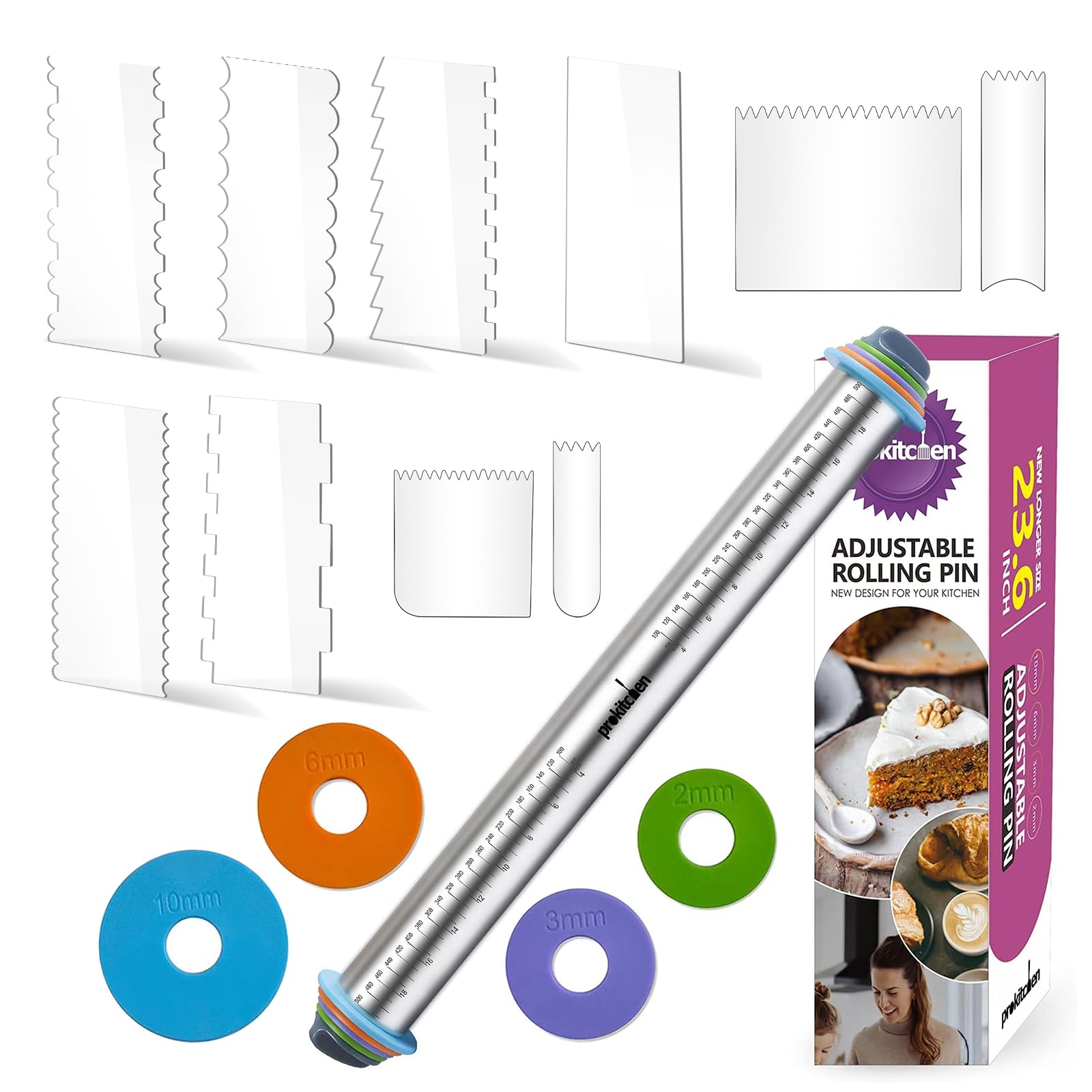 PROKITCHEN10pcs Cake Scraper Smoother Cake Decorating Comb Set 6 Acrylic Cake Scraper Bonus 4 Soft Plastic Cake Smoother Scraper, 23.6 Inch Stainless Steel Rolling Pin with Thickness Rings