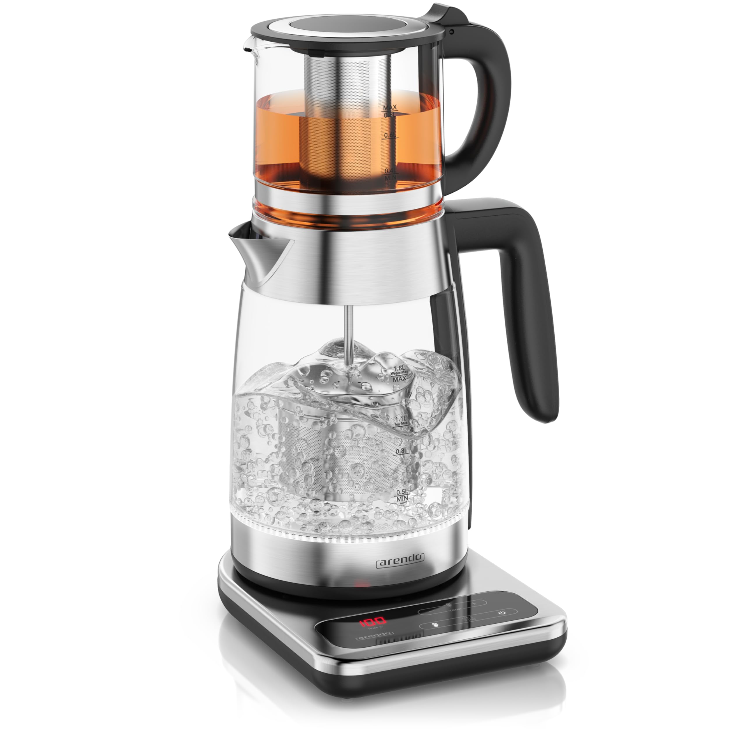 Arendo - Glas Wasserkocher mit Temperatureinstellung 1,8 Liter - Edelstahl Teekocher 0,8 Liter mit Sieb - 2200 W – Überhitzungsschutz – Temperaturauswahl 40° - 100°C - Warmhaltefunktion