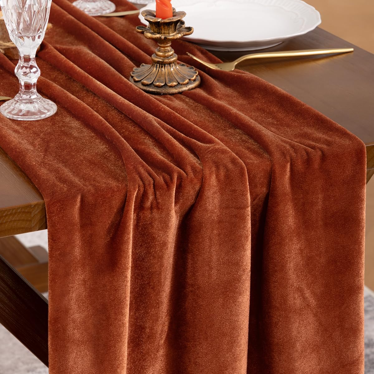Terracotta Velvet Table Runner Cloth Fall Luxurious Wedding Party Decor