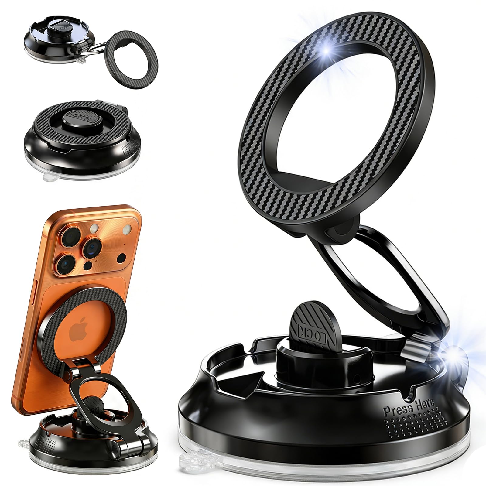 Phone Holder Car, Magnetic Car Phone Holder Mount for MagSafe [90+LB Strongest Suction] 360° Rotation, Vacuum Suction Cup Car Mount Dashboard Windshield Center Console for iPhone 17 Pro Max 16 15 14