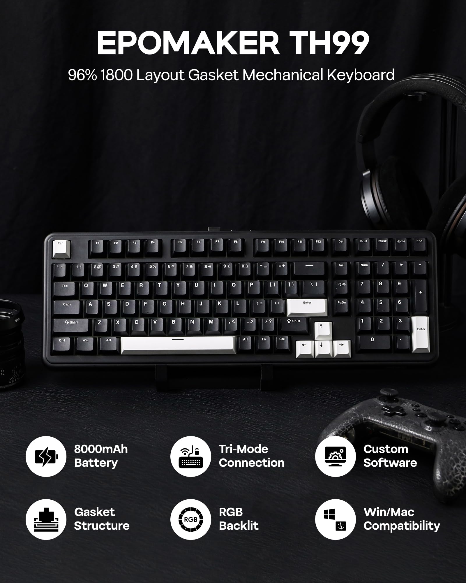 EPOMAKER TH99 Tastiera Meccanica Wireless Tri-Mode, Tastiera Personalizzata hot-Swap, Tastiera da Gioco RGB con Numpad per PC/Mac/Office (Nero, Creamy Jade)