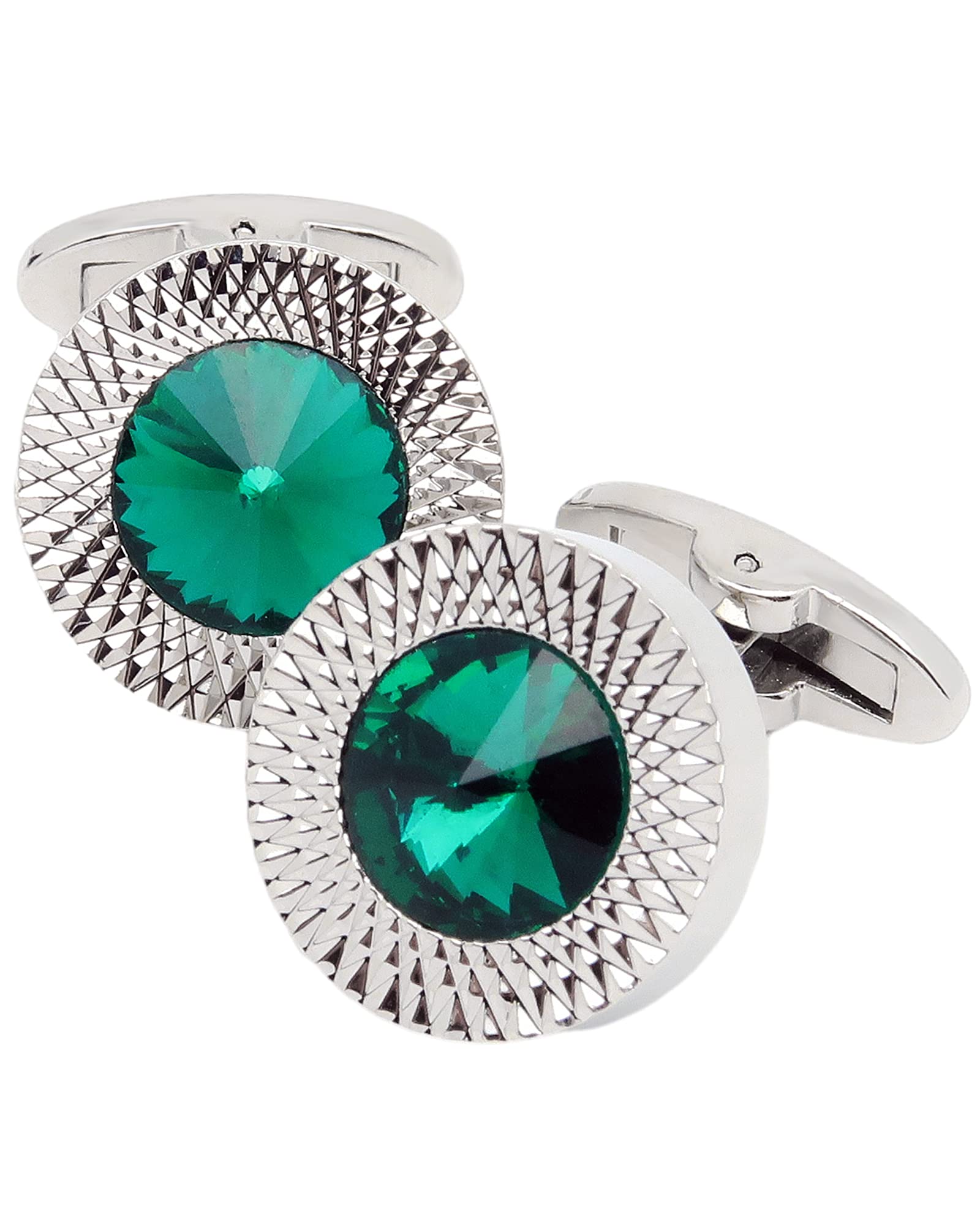 Jonwo Gemelos redondos de cristal plateado para hombre con caja de regalo verde/azul/cristales coloridos, juego de gemelos para camisa de boda, fiesta, negocios, cumpleaños, aniversario