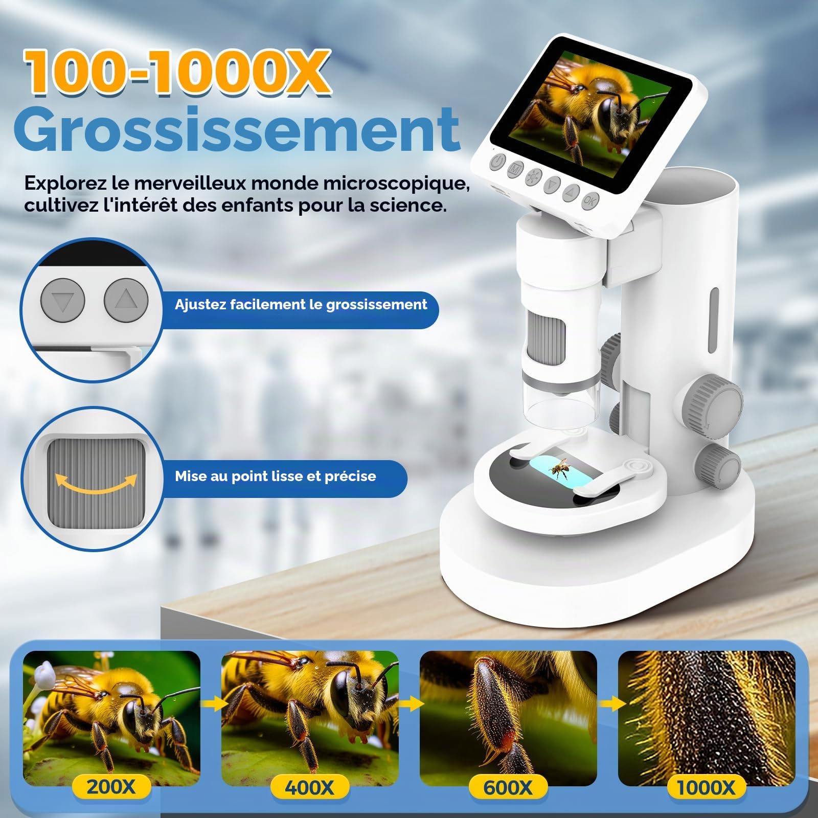 Microscope Portable 1000X pour Enfants de Poche - Écran 4K 2,0" Microscope