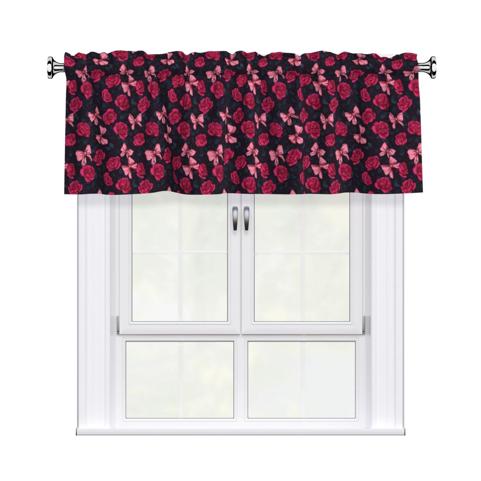 Woshuwo Roses Pink Bows Valances For Windows Rod Pocket Window Treatment Short Curtains For Kitchen Living Room Bedroom Decor 54x18in