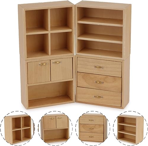 Juego de 4 muebles en miniatura de madera, armario de madera, casa de muñecas 112, varios estilos, decoración de casa de muñecas para bricolaje, kit
