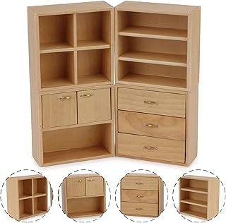 Dollhouse Miniature Furniture Set 4PCS Wooden Cabinet Cupboard 1:12 Dollhouse Various Styles Decoration DIY Freely Combinable Furniture Kit Kitchen Bedroom Living Room Display Ornaments (Wood)