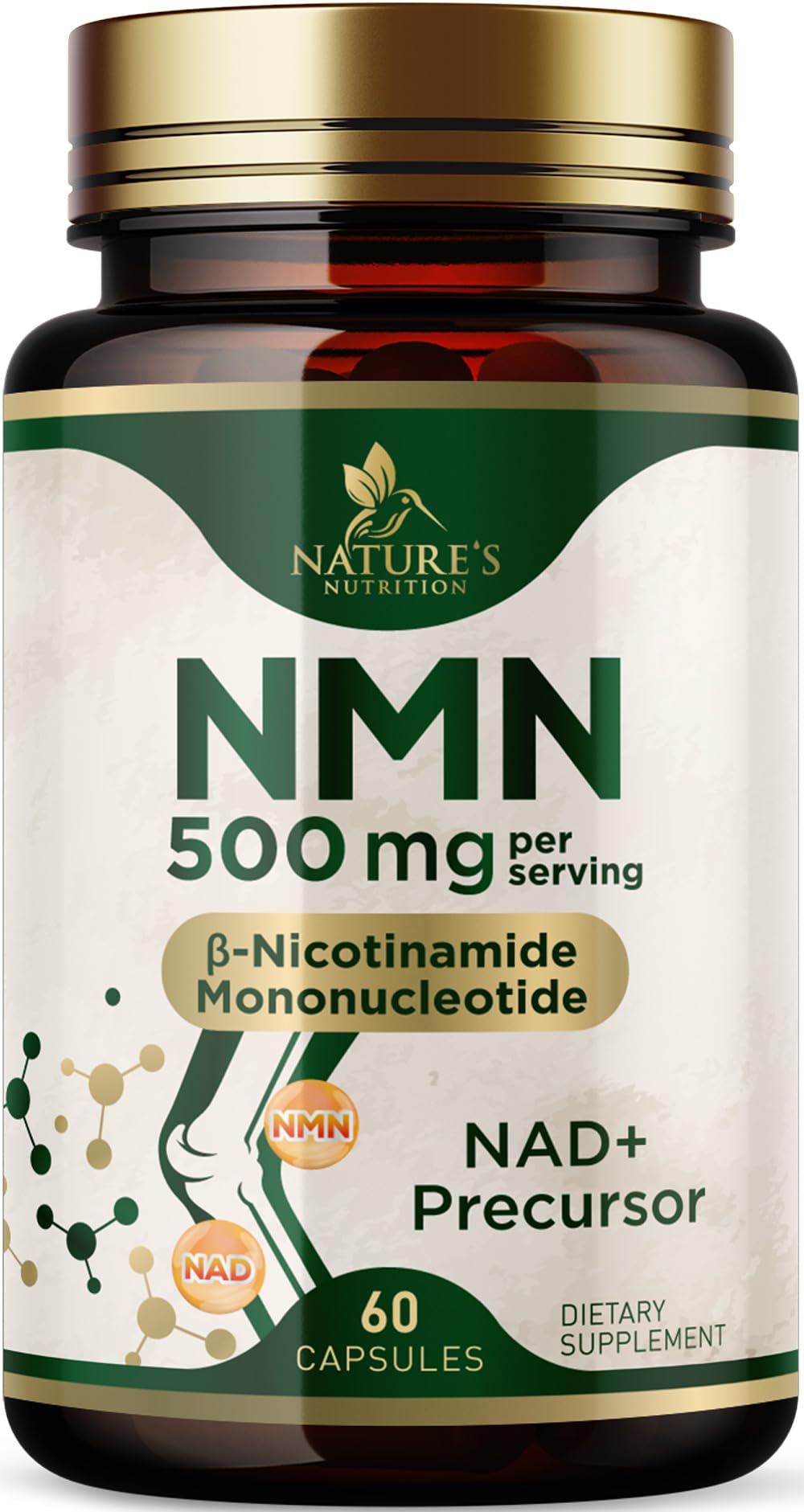 NMN Supplement - β-Nicotinamide Mononucleotide (NMN) 500 mg Per Serving - Pure NMN Formula - NAD+ Precursor Supplement - Cellular Energy & NAD Support - Vegan Capsules - Bottled in USA - 60 Capsules 60 Count (Pack of 1)