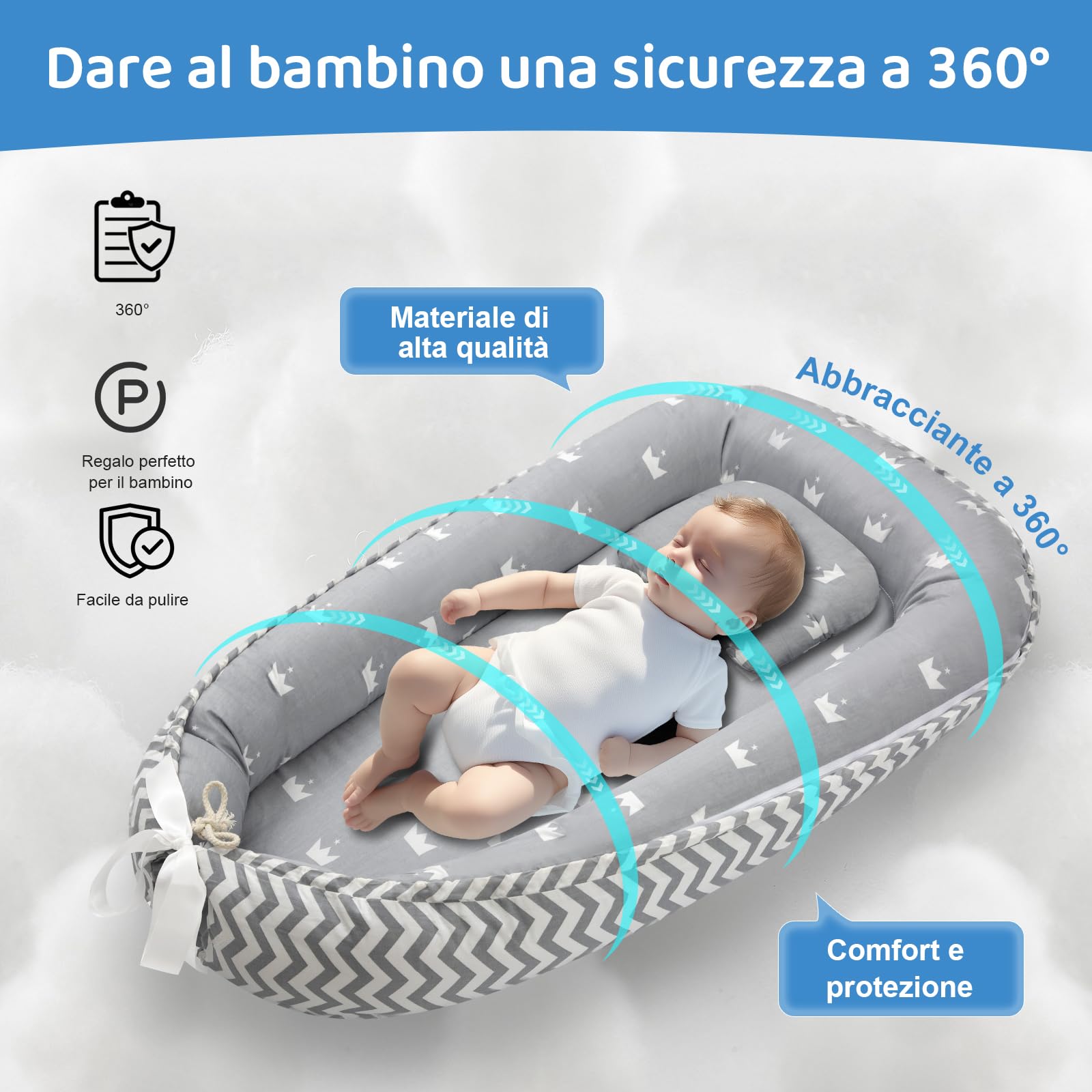 ROMAGIO Baby Lounger morbido e traspirante, nido portatile per neonati con copertura per bambini 0-24 mesi, per co-sleeping, idea regalo per bambini (bianco)
