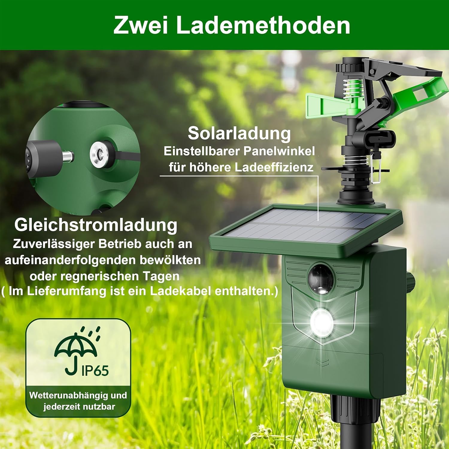 Repellente per animali domestici, repellente per gatti, rilevatore di movimento PIR, spaventapasseri per giardino e stagno, ricarica USB e ricarica solare in due modalità, spaventapasseri per uccelli