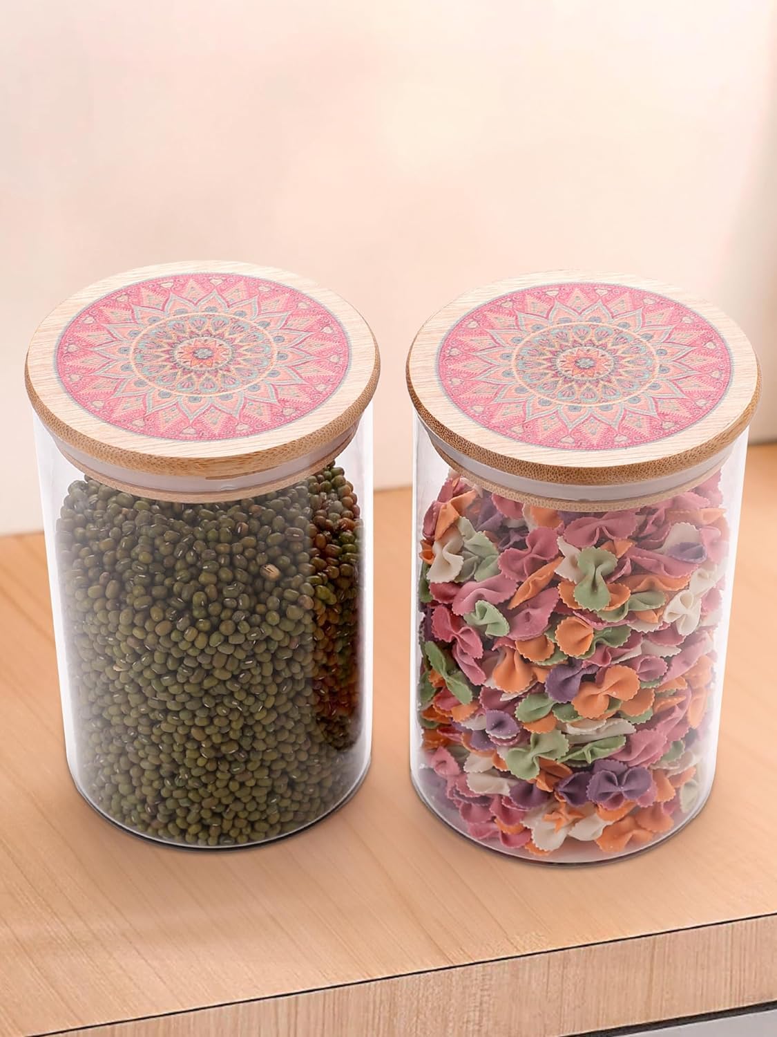 Kuber Industries Borosilicate Glass Jar with Printed Bamboo Lid|Kitchen Organizer Items and Storage|Multi-utility, Leakproof, Airtight Storage Jar for Cookies,Snacks,Tea,Coffee,Sugar|Pack of 2(1000ml)
