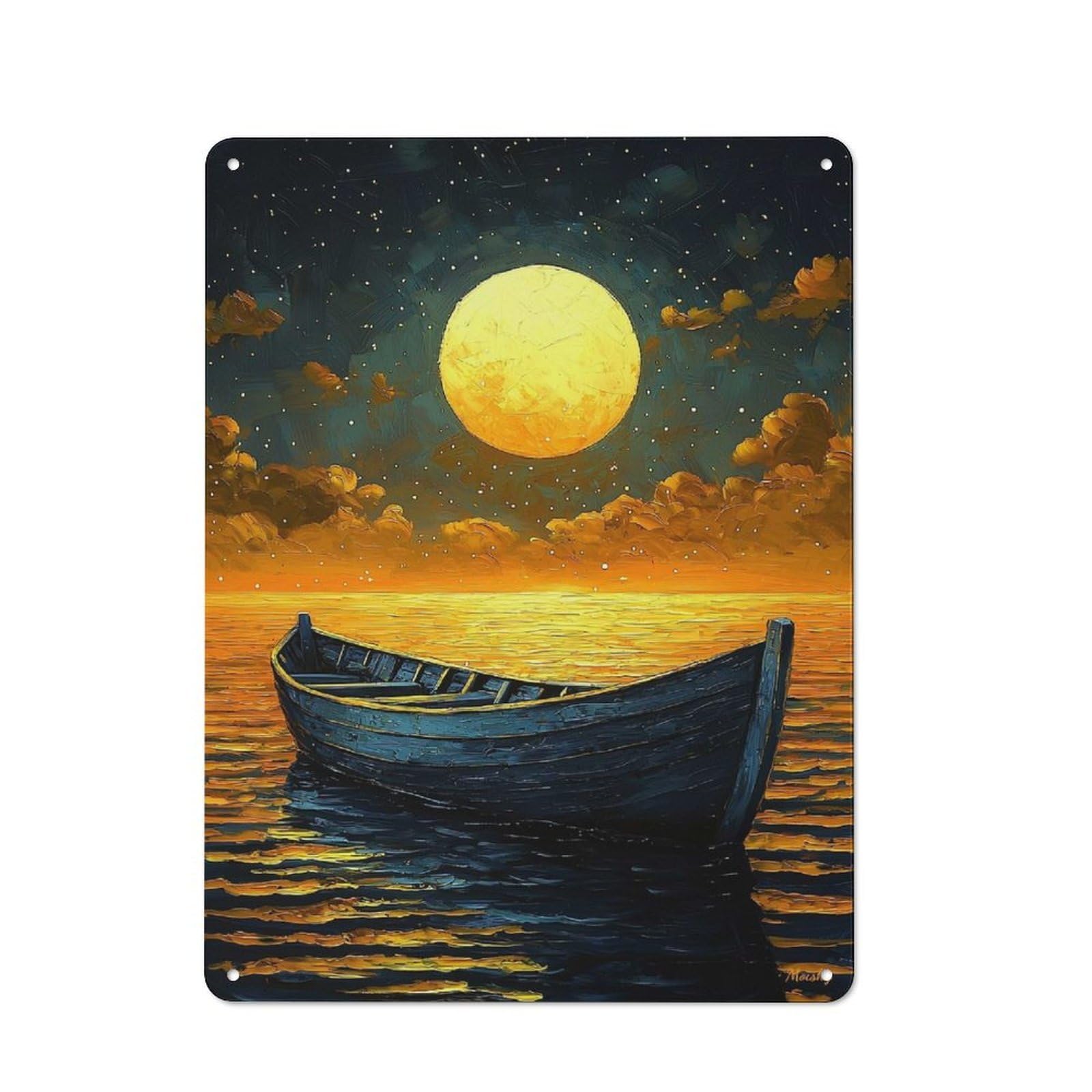 Junmoney Moonlit Boat Journey – Naïf Dreamy Night Art Retro Tin Sign 40X30cm For Home Bar Wall, For Everyday Room Decor With A Retro Look