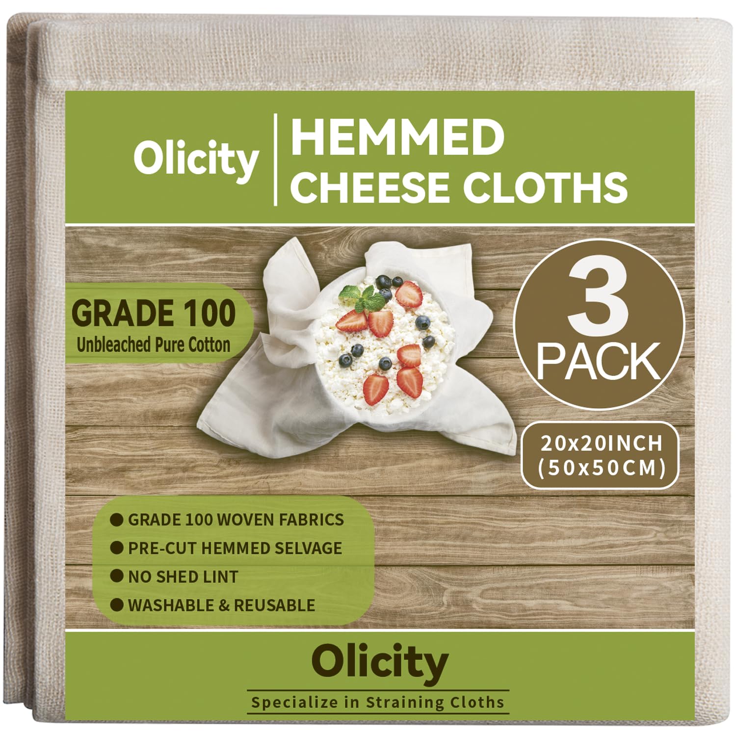 Olicity Cheese Cloths, 3Pack, Grade 100, 20x20Inch Hemmed Cheese Cloth Fabric Reusable Fine Mesh Cloth, 100% Cotton Unbleached Precut Muslin Cheesecloth for Straining, Cooking, Juice, Herbs