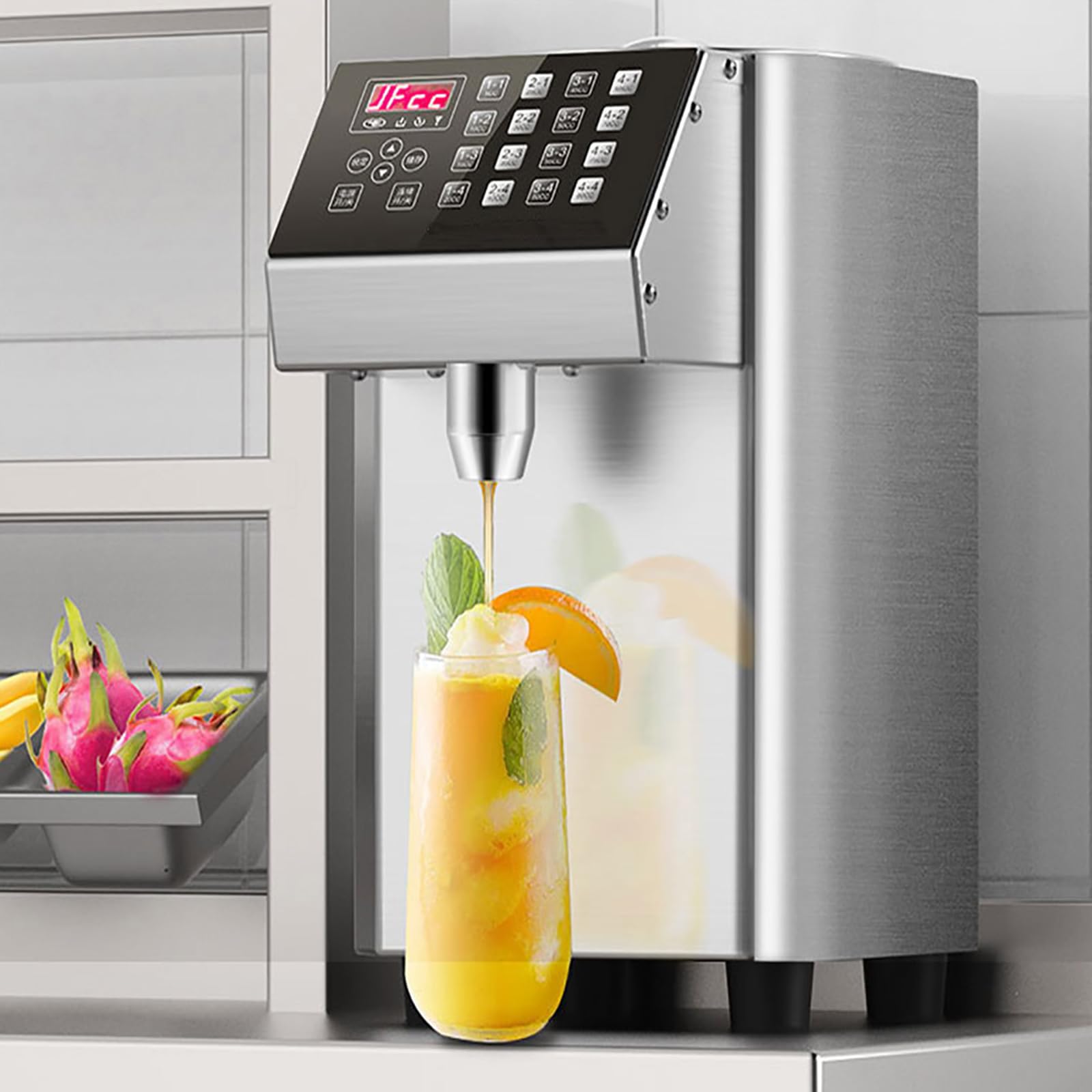 Distributeur de sirop de 8 litres, distributeur de sucre de fruits 400 W, distributeur de sucre de fruit en acier inoxydable, distributeur de sirop avec 16 boutons mémoire, pour desserts, thé au lait