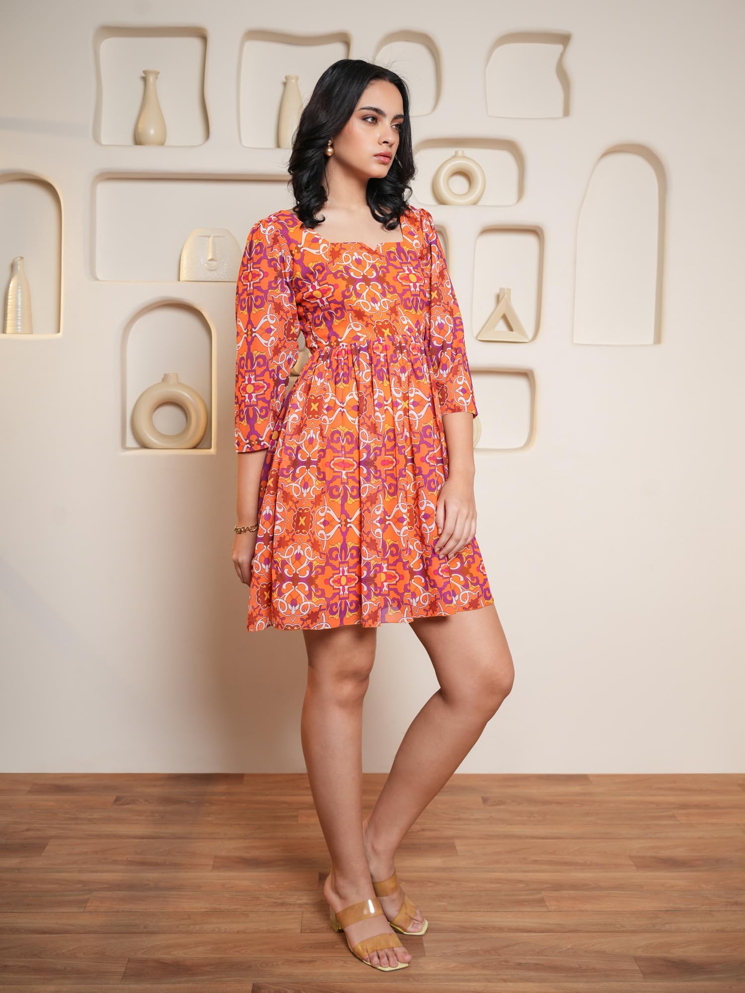 Purvaja Womens Fit & Flare Above Knee Length Dress (Floe-011_Orange_Large)