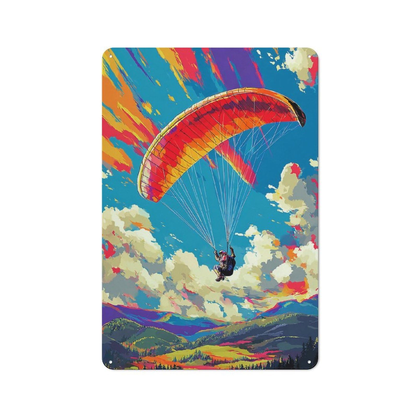 Junmoney Paraglider Soaring Over Colorful Landscape 30X20cm Retro Tin Sign With For Home Office Or Studio, For Home Interiors, Feature Walls And Decorative Displays