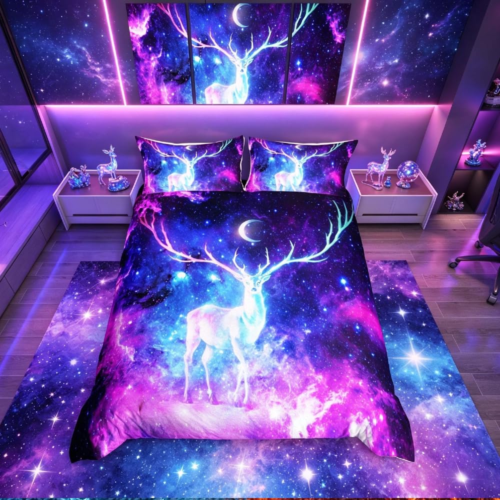 Galaxy Deer Comforter Cover Set Universe Galax Nebulay Bedding Set Outer Space Starry Sky Duvet Cover Set Astronomy Quilt Cover for Kids Adults with 2 Pillowcase 3Pcs Bedding Super King,Blue,Purple — image 1