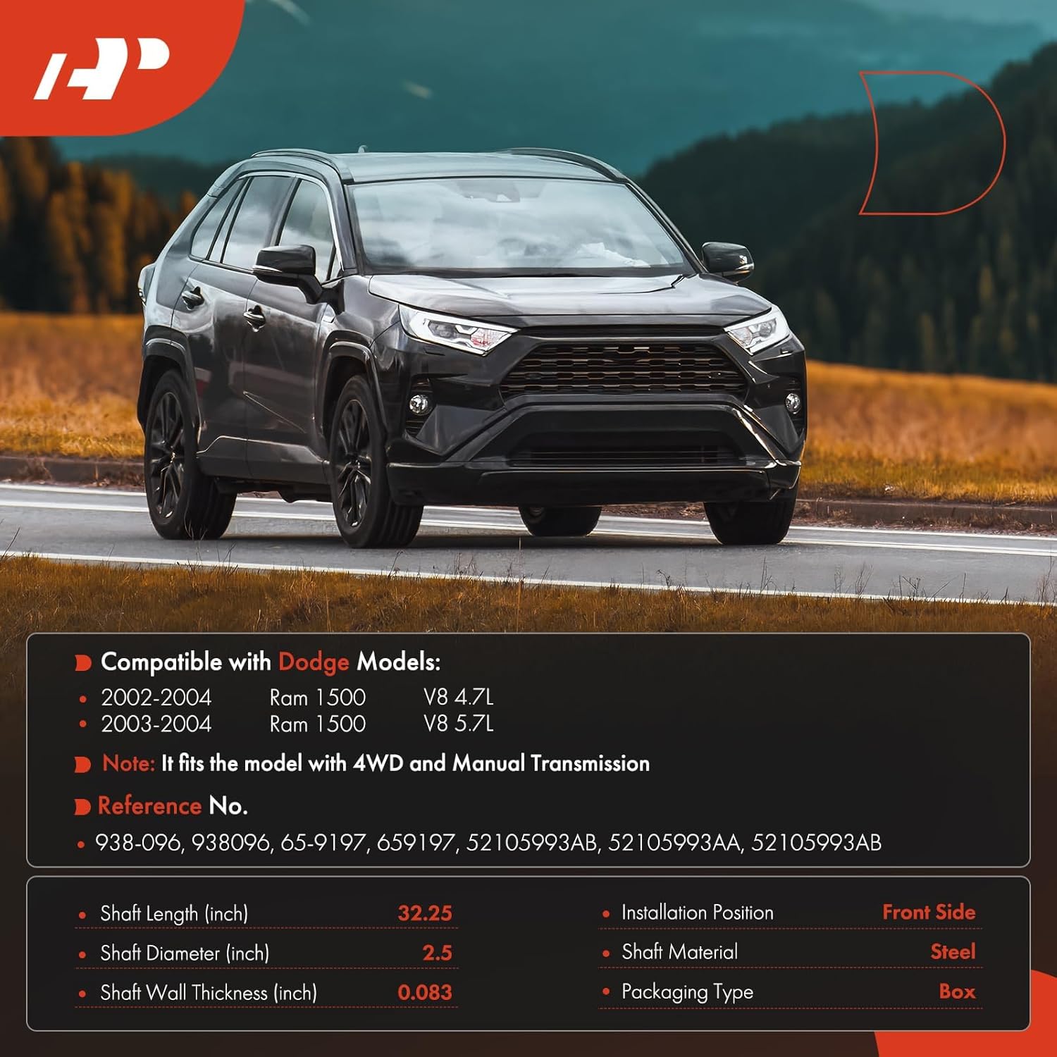 A-Premium Front Complete Drive Shaft Prop Shaft Driveshaft Assembly Compatible with Dodge Ram 1500 2002 2003 2004 4.7L 5.7L, Manual Transmission 4WD, Replace# 52105993AB, 52105993AA