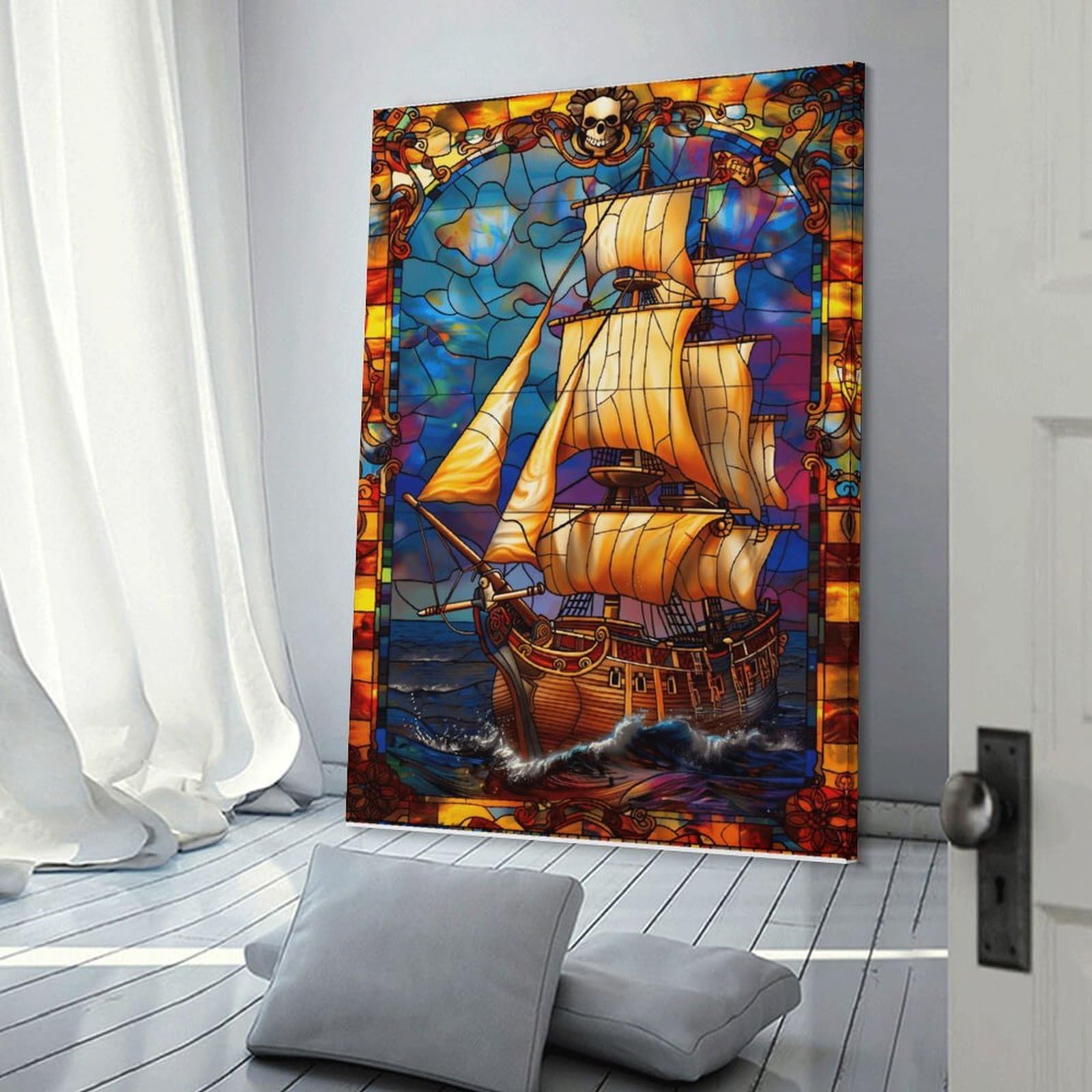 Junmoney Pirate Ship Stained Glass Artwork Decorative Canvas Print, 20x30inch(50x75cm), for Gallery Wall Decor And Room Displays, Wall Decor Suited to Curated Displays