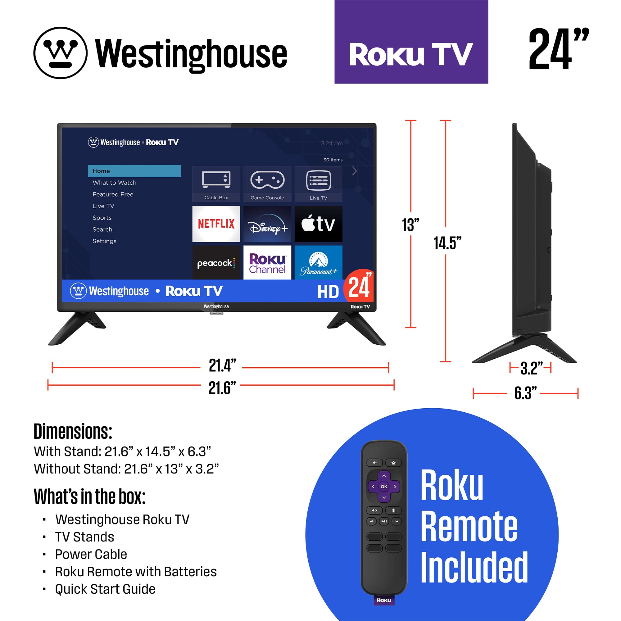  Westinghouse Roku TV - Smart TV de 43 pulgadas, 1080P LED Full  HD TV con conectividad Wi-Fi y aplicación móvil, TV de pantalla plana  compatible con Apple Home Kit, Alexa y