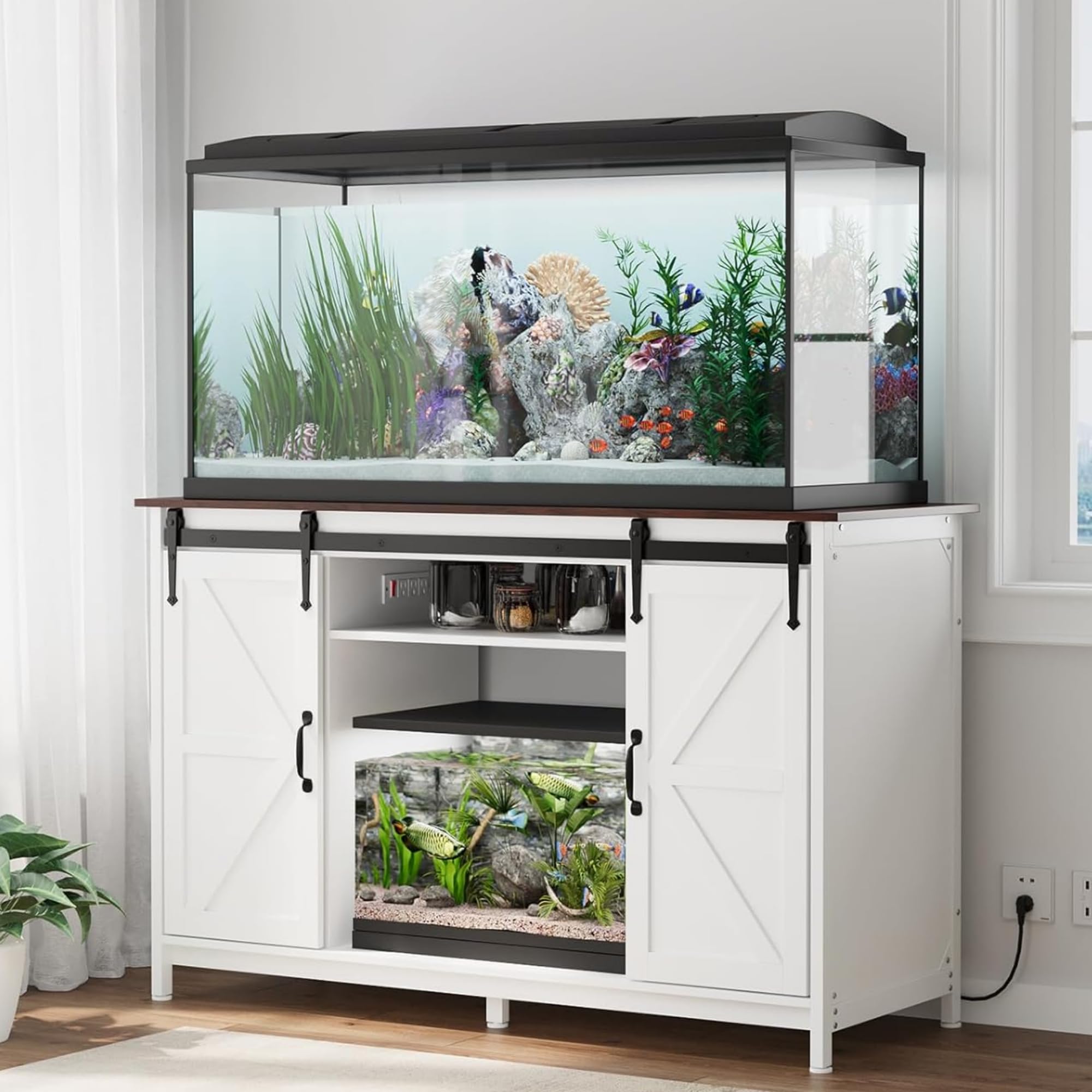 VOWNER Farmhouse 55-75 Gallon Fish Tank Stand with Power Outlet, Aquarium Stand with Storage Cabinet and Sliding Barn Door, Heavy Duty Reptile Tank