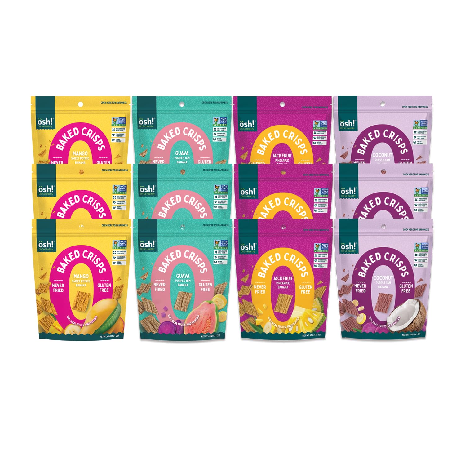 osh! Oh So HealthyBaked Fruit Crisps, Chips, Snacks, Fruit variety pack, Assorted Flavor, 3xMango, 3xCoconut, 3xGuava, 3xJackfruit (Case of 12x40gr/1.4oz)