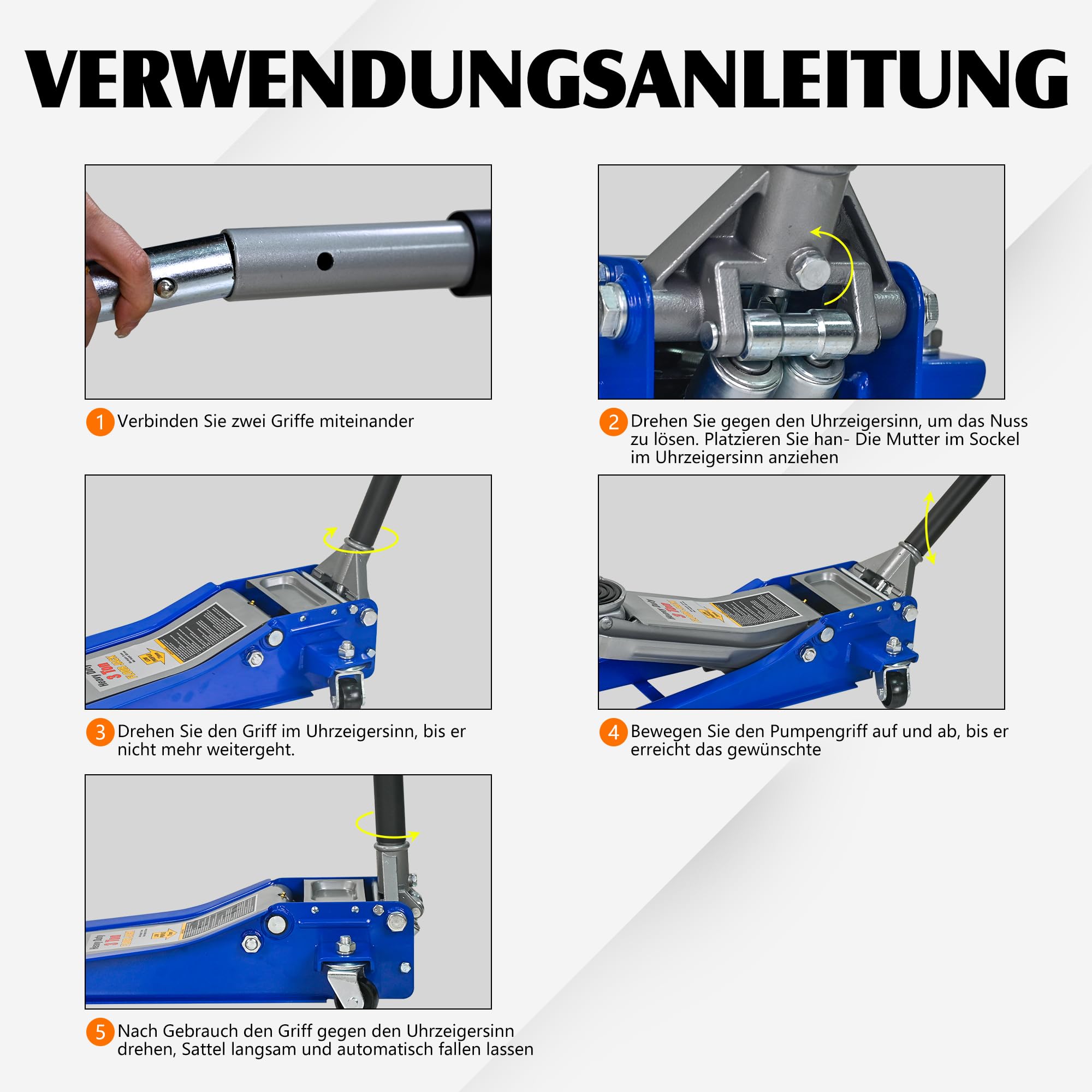 Cric idraulico a carrello 3T, con pompa a doppio pistone, altezza di sollevamento 75-505 mm, ruote girevoli a 360°, blu/argento, per auto e SUV